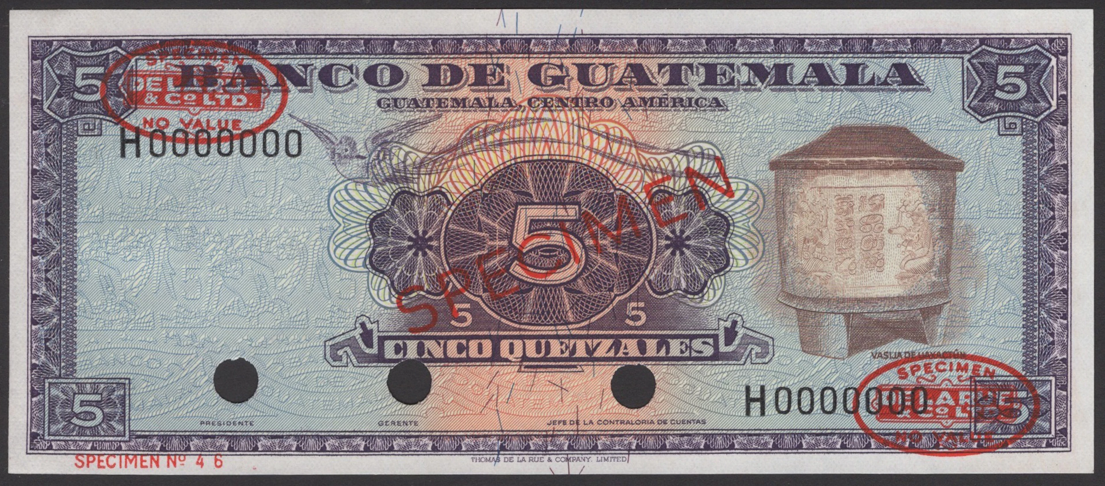 Banco de Guatemala, specimen 5 Quetzales, ND (1964-68), serial number