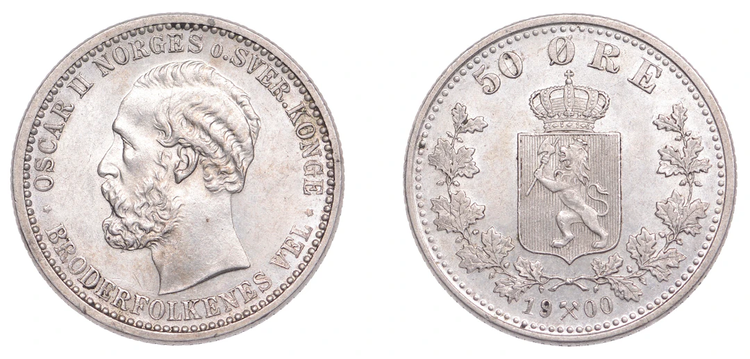 Norway, Oscar II, 50 Øre, 1900, Kongsberg (Brekke 65; KM 356). Extremely