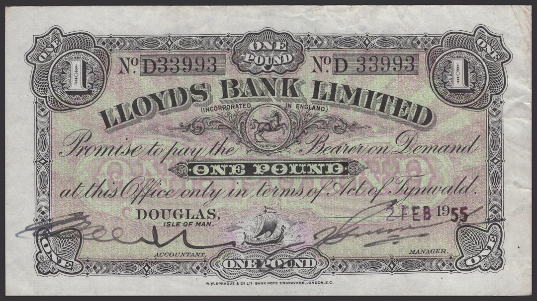 Lloyds Bank Limited, £1, 2 February 1955, serial number D33993, Greenwood
