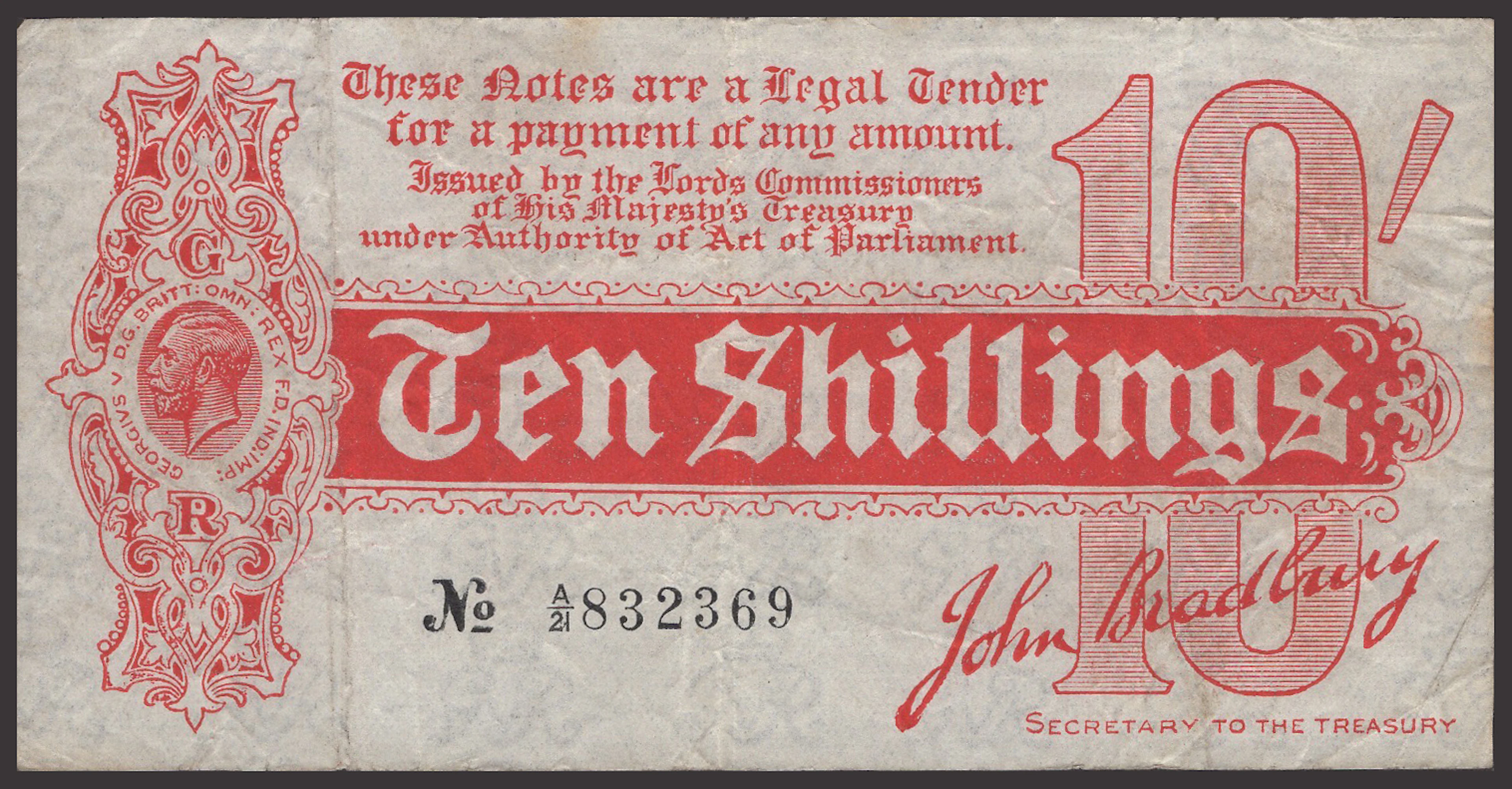 Treasury Series, John Bradbury, 10 Shillings, 14 August 1914, serial