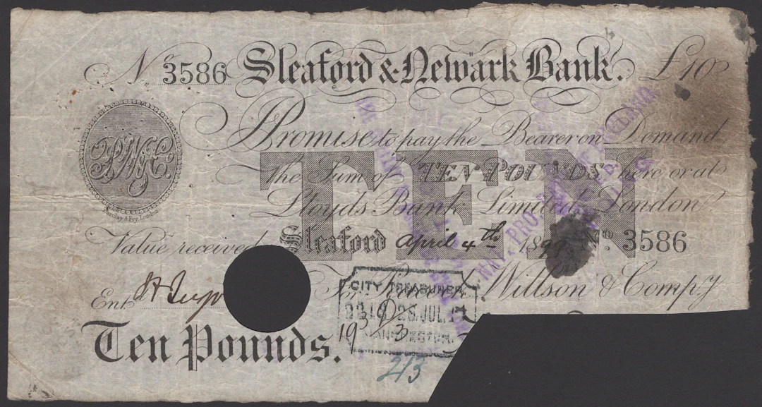 Sleaford Bank, for Peacock, Willson & Compy, cancelled £10, 4 April