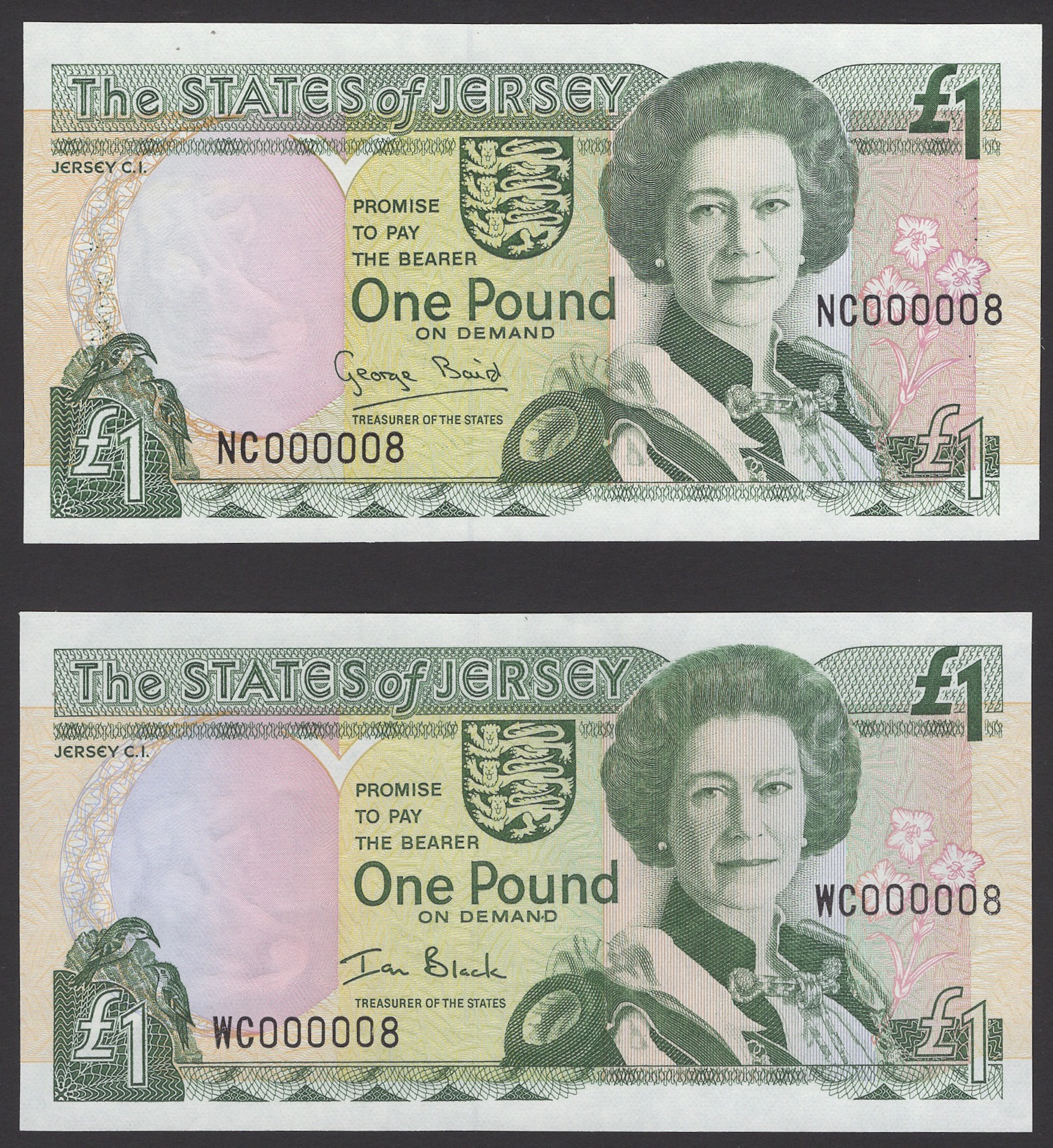 States of Jersey, £1, 1993, serial number NC000008, Baird signature