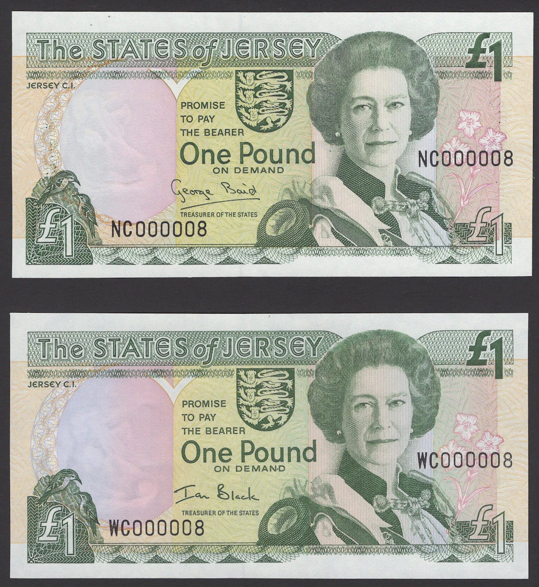 States of Jersey, £1, 1993, serial number NC000008, Baird signature