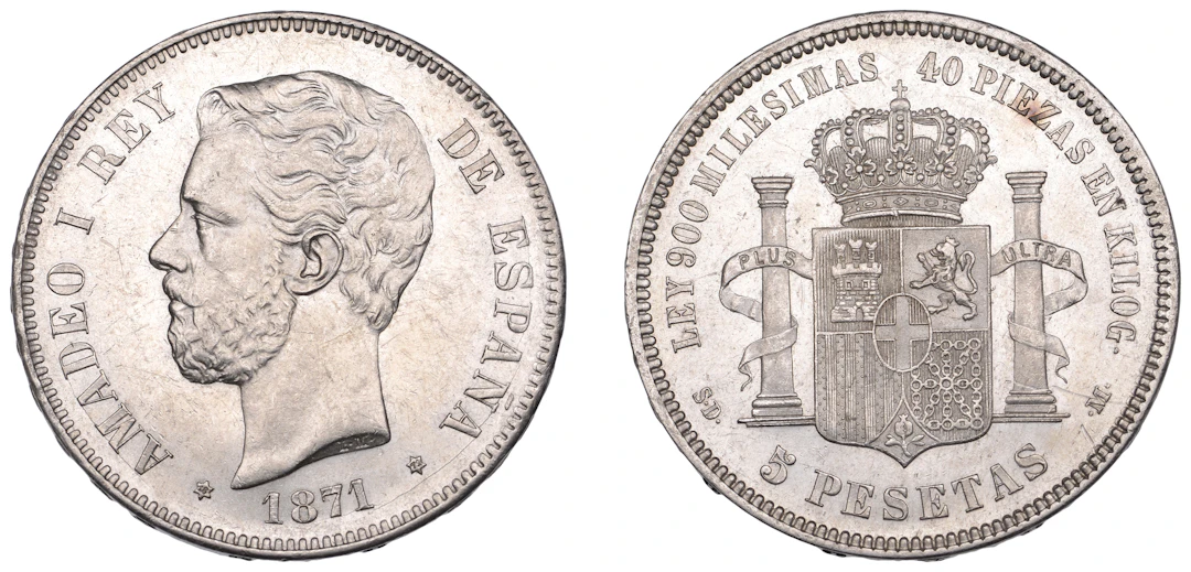 Spain, Amadeo I, 5 Pesetas, 1871, Madrid (KM 666). Very lightly cleaned
