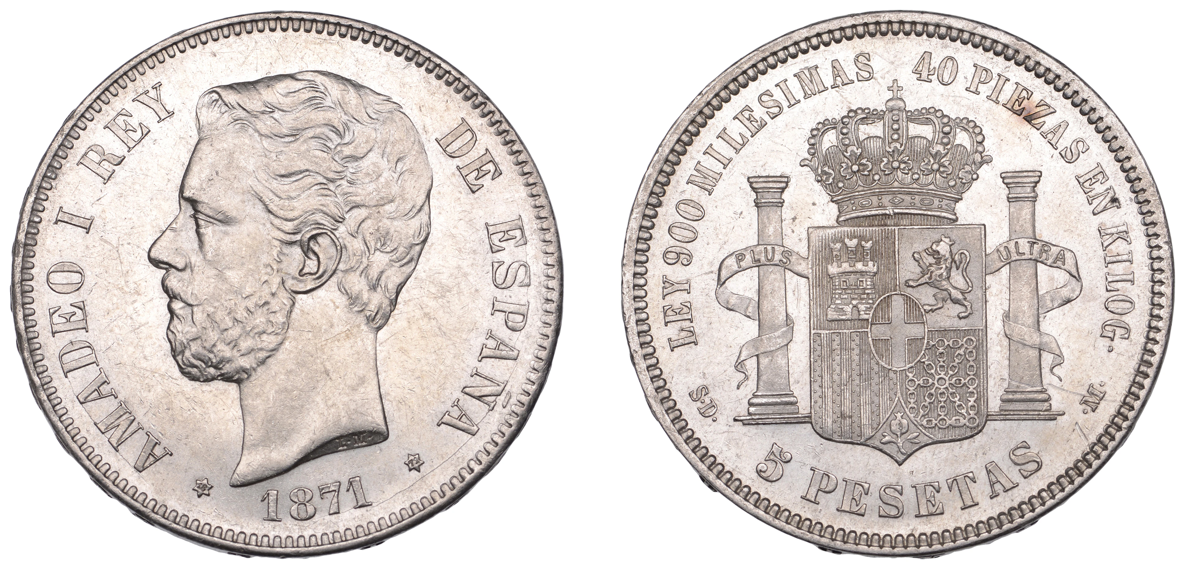 Spain, Amadeo I, 5 Pesetas, 1871, Madrid (KM 666). Very lightly cleaned