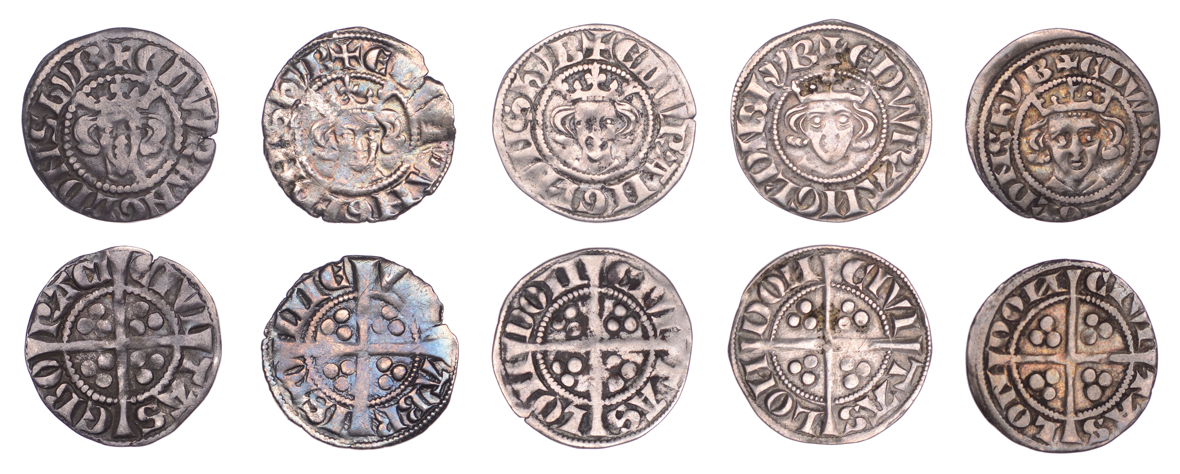 Edward I, Pennies (5), classes 1c, 1.31g/4h; 1d, 1.41g/3h; 3g, 1.33g/2h