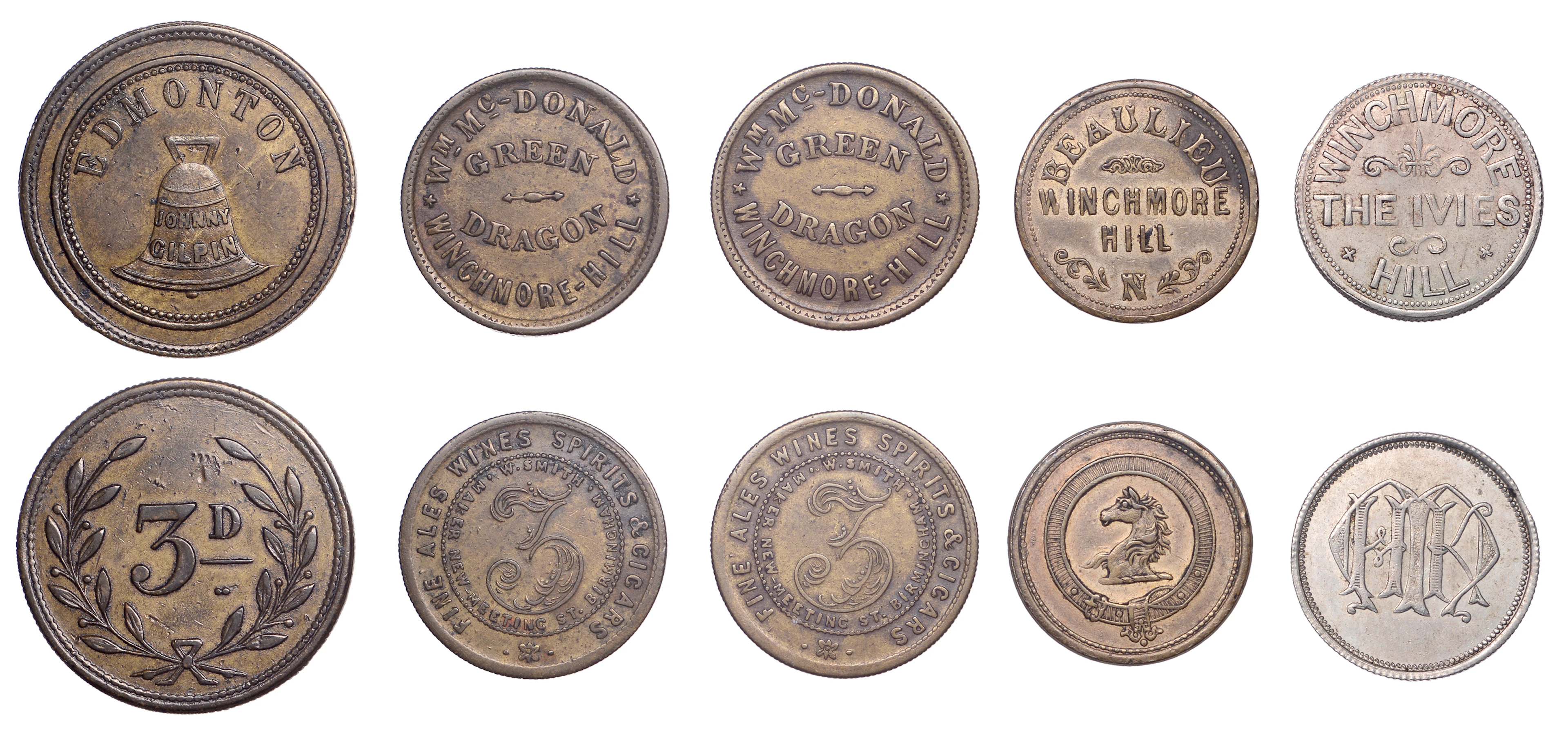 Edmonton, The Bell Inn, Johnny Gilpin, brass Threepence, 32mm (H 1b);