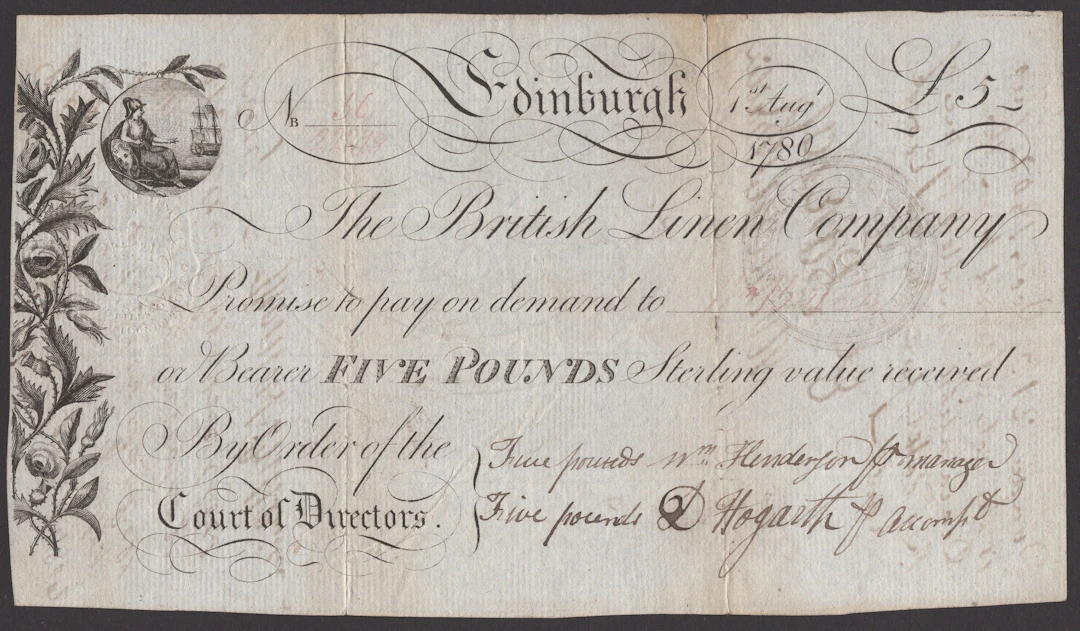 British Linen Company, £5, 1 August 1780, serial number 56/22278