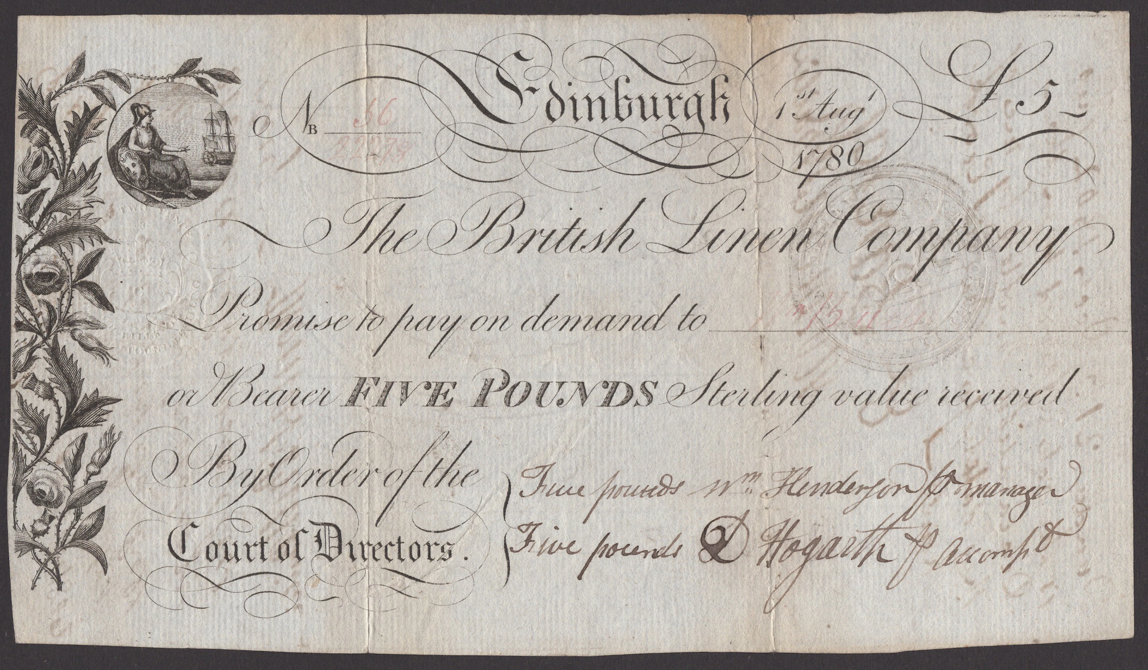 British Linen Company, £5, 1 August 1780, serial number 56/22278