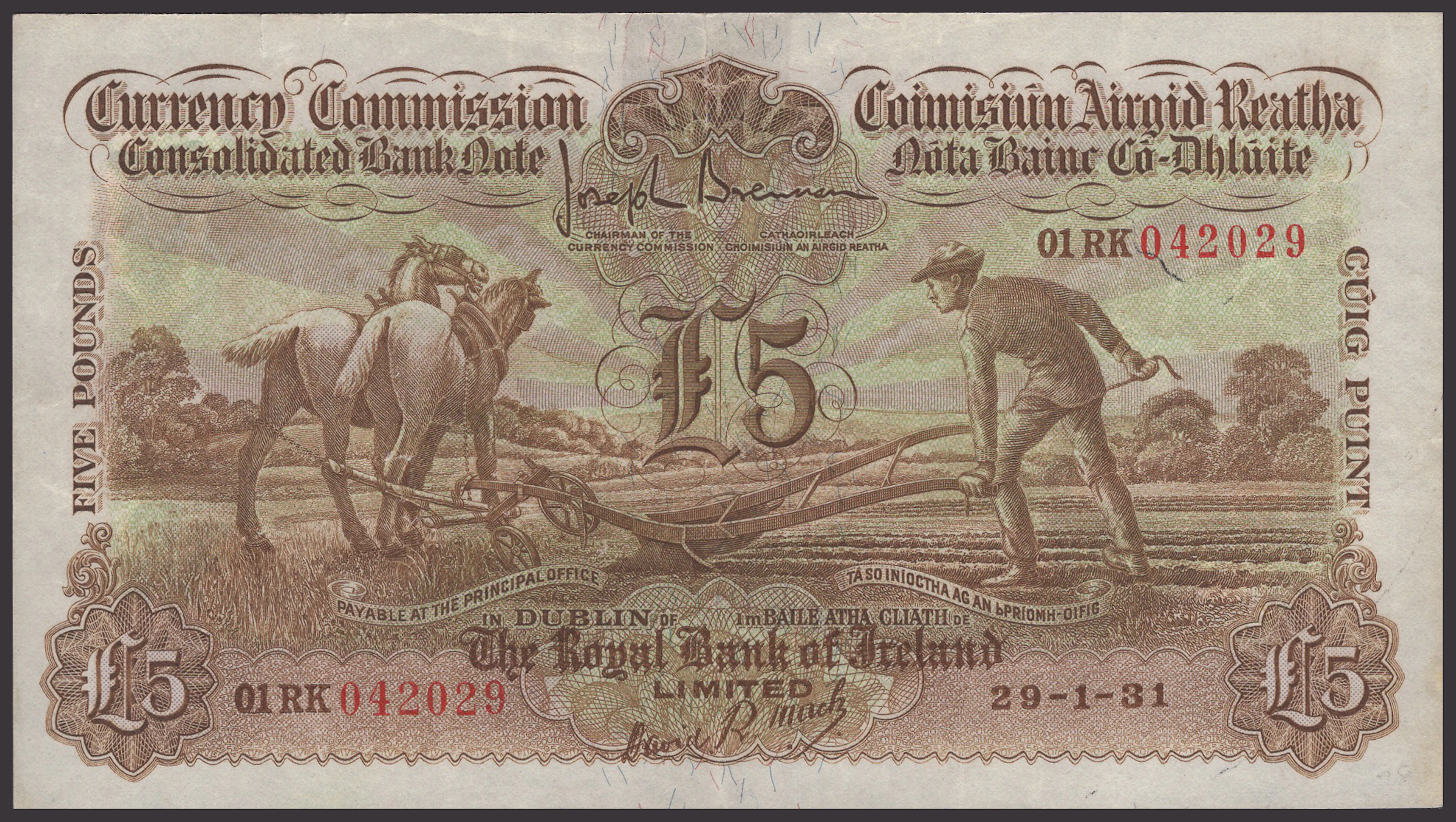 Currency Commission, Royal Bank of Ireland, £5, 29 January 1931, serial