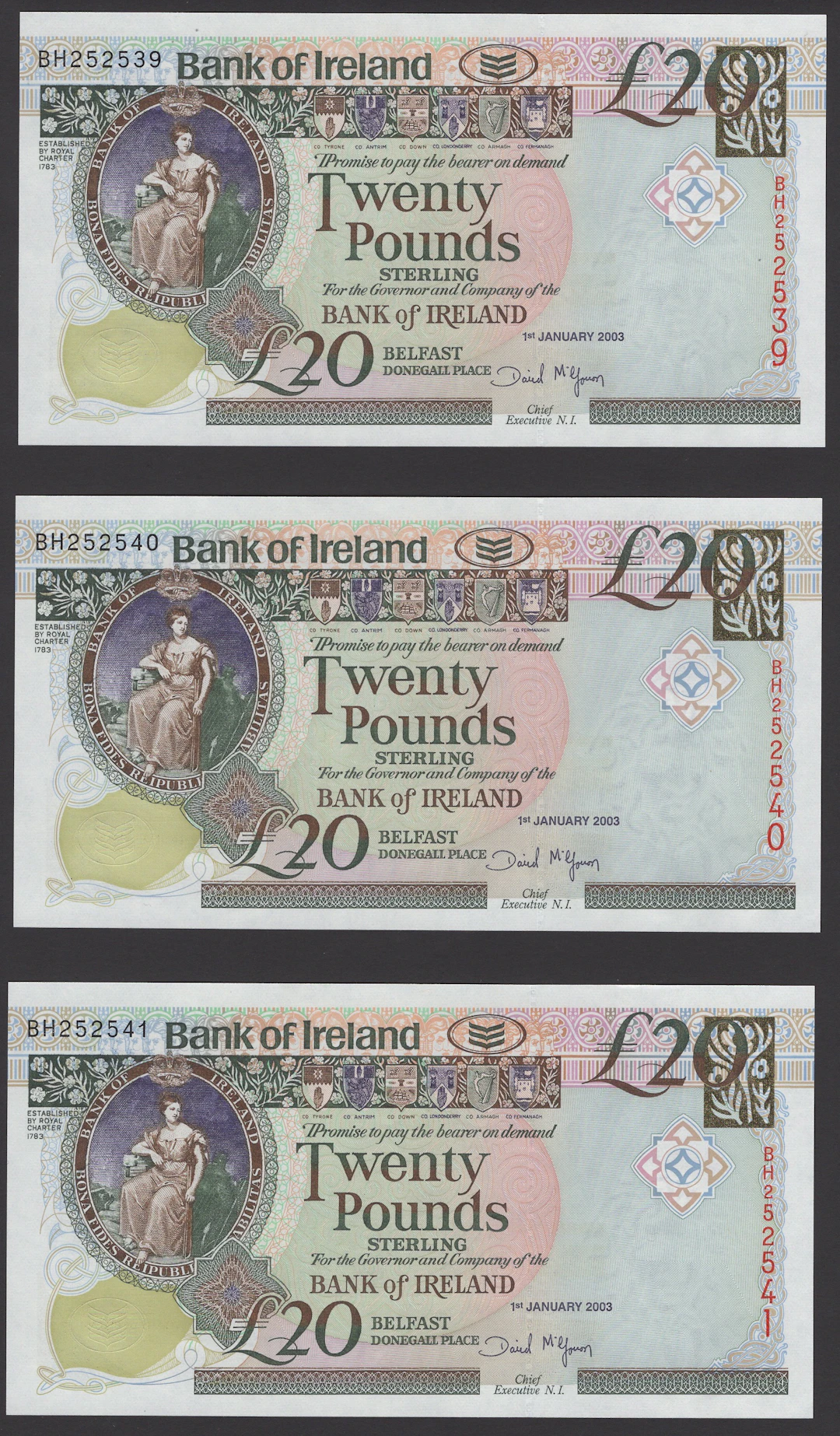 Bank of Ireland, £20 (5), 1 January 2003, serial number BH252539-43