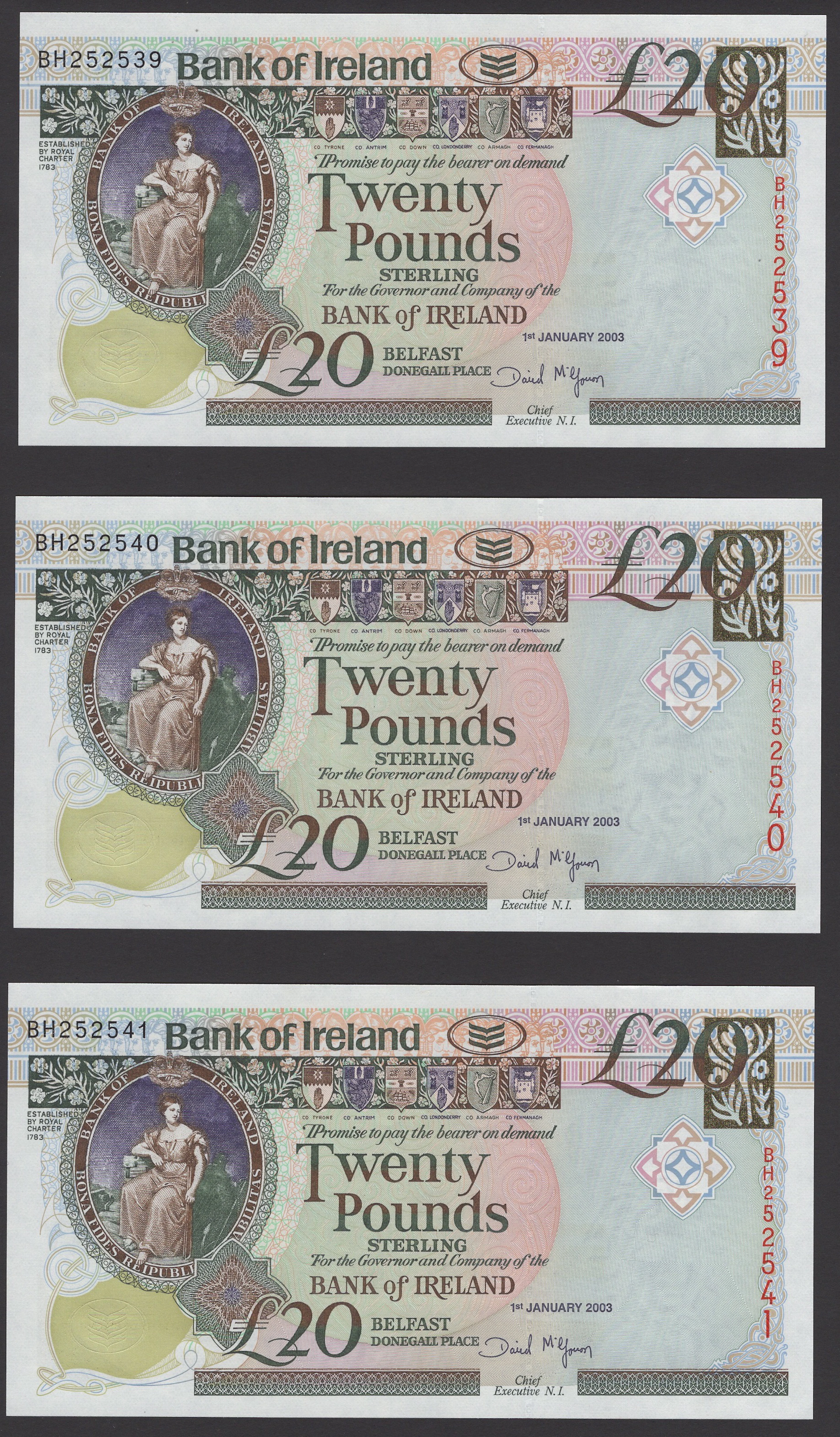 Bank of Ireland, £20 (5), 1 January 2003, serial number BH252539-43