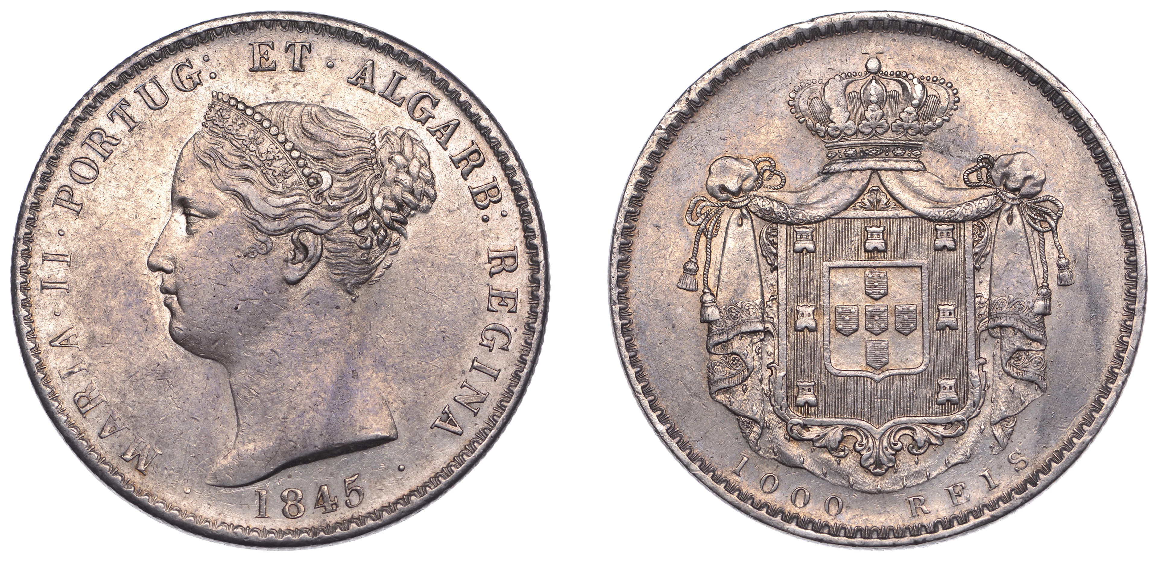Portugal, Maria II, 1000 Reis, 1845, Lisbon (KM 472). Toned, very