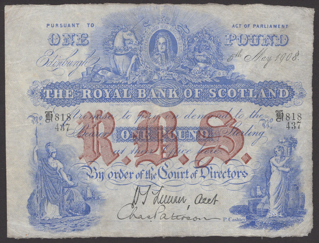 Royal Bank of Scotland, £1, 5 May 1908, serial number H 818/437, printed