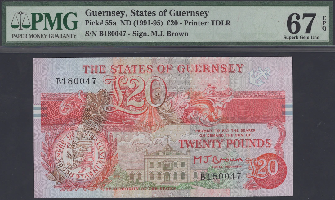 States of Guernsey, £20, ND (1991-95), serial number B180047, Brown