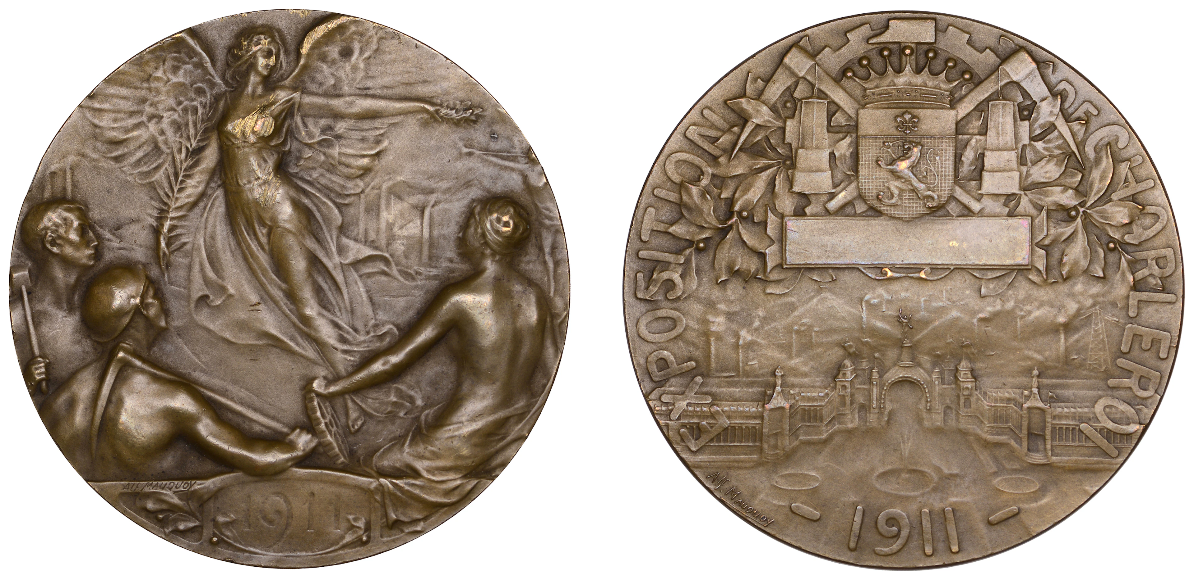 BELGIUM, Exposition Charleroi, 1911, a bronze medal by A. Mauquoy