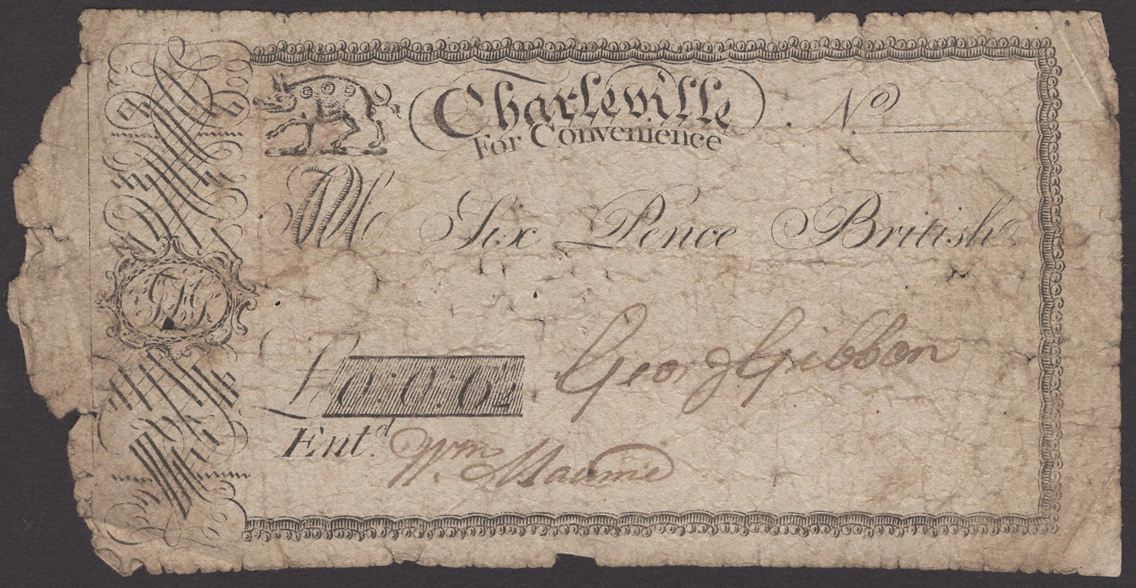 Charleville, Co. Cork, George Gibbon, 6 Pence British (or 6 1/2 Pence