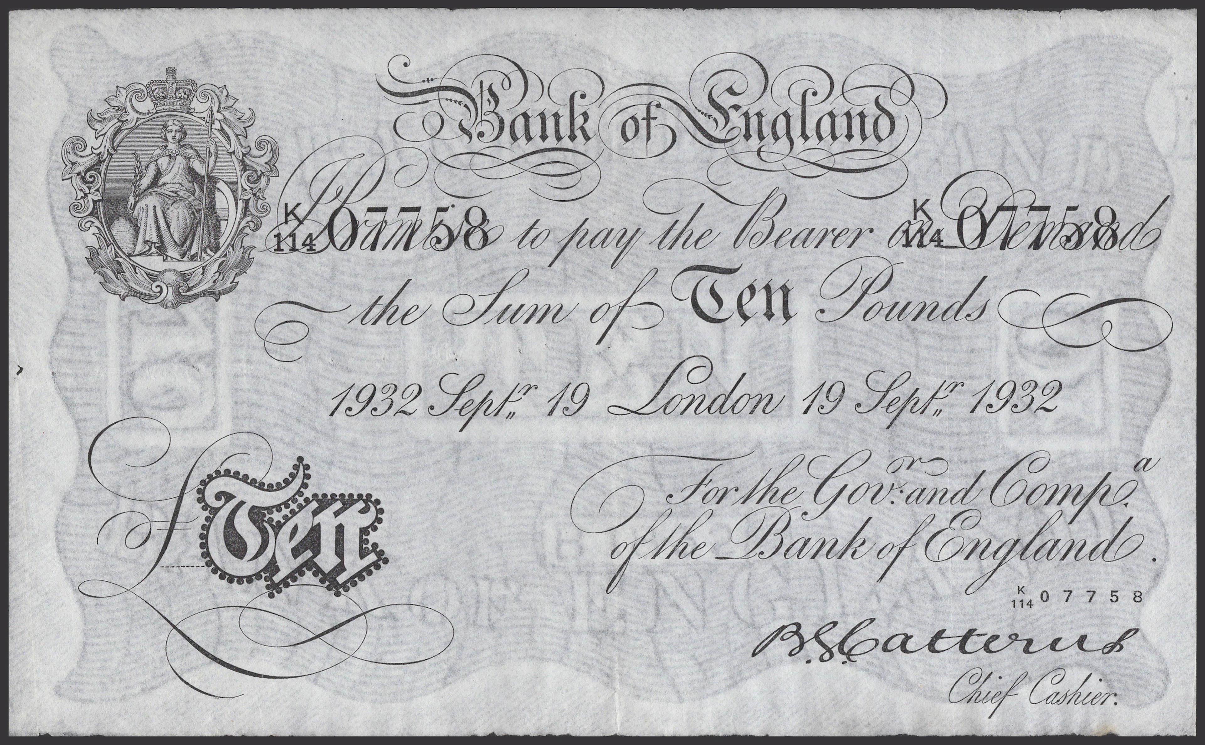 Bank of England, Basil G. Catterns, £10, London, 19 September 1932