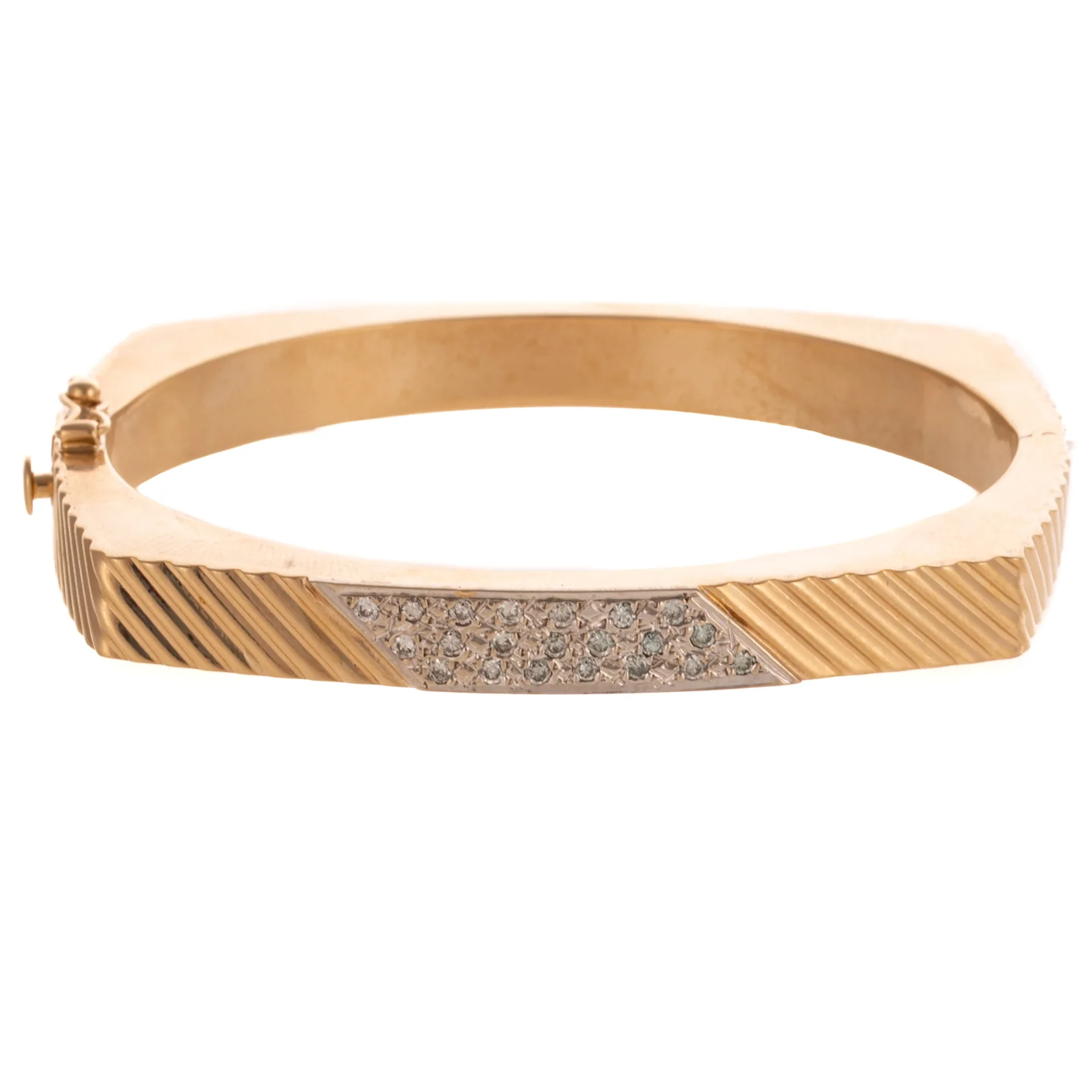 A Modern Pave Diamond Diagonal Bangle in 14K