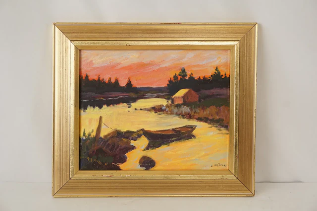 Lennart Möller, vattendrag, båt & hus, Olja, 35x29. M20/