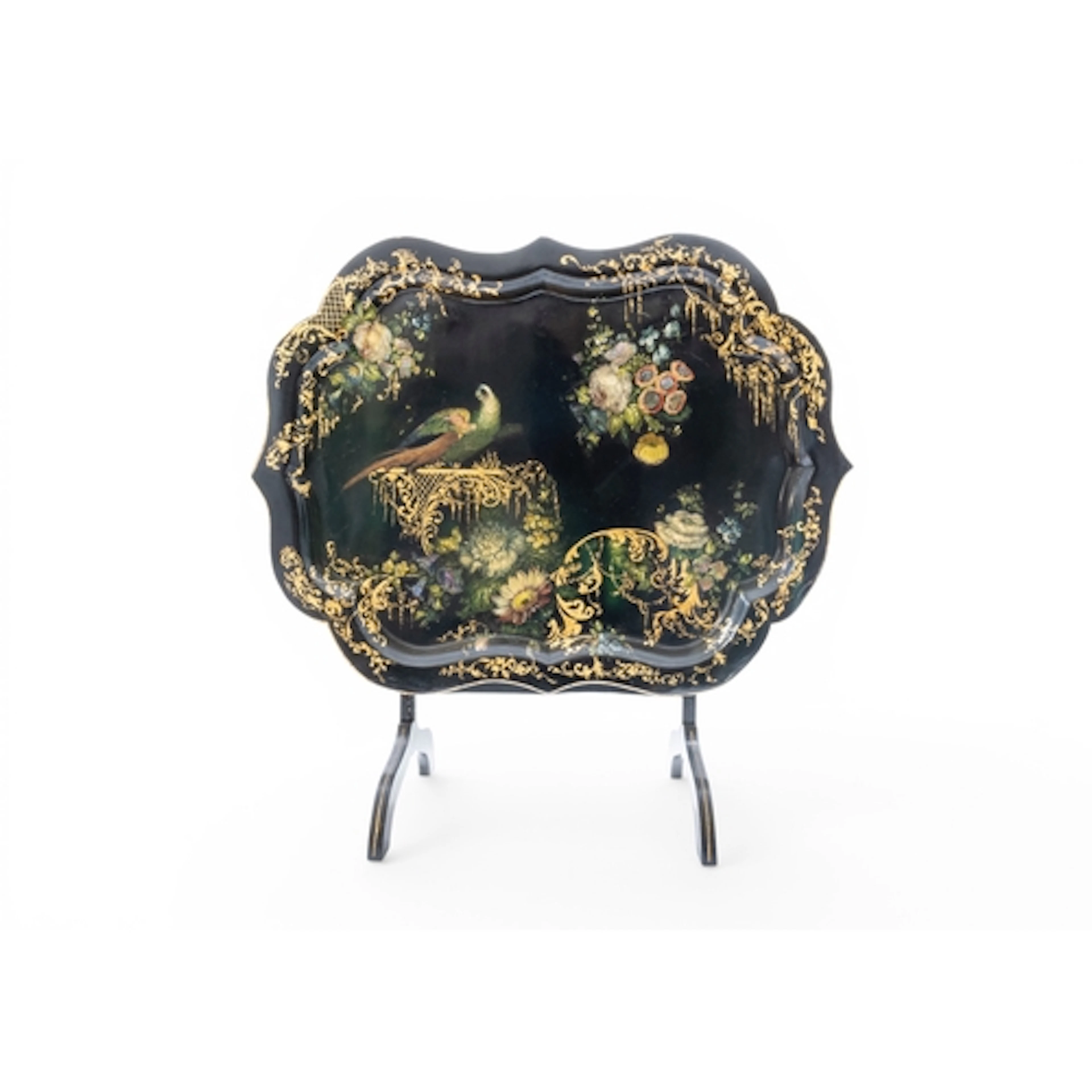A VICTORIAN PAPIER MACHE TRAY decorated with a parrot and fl...