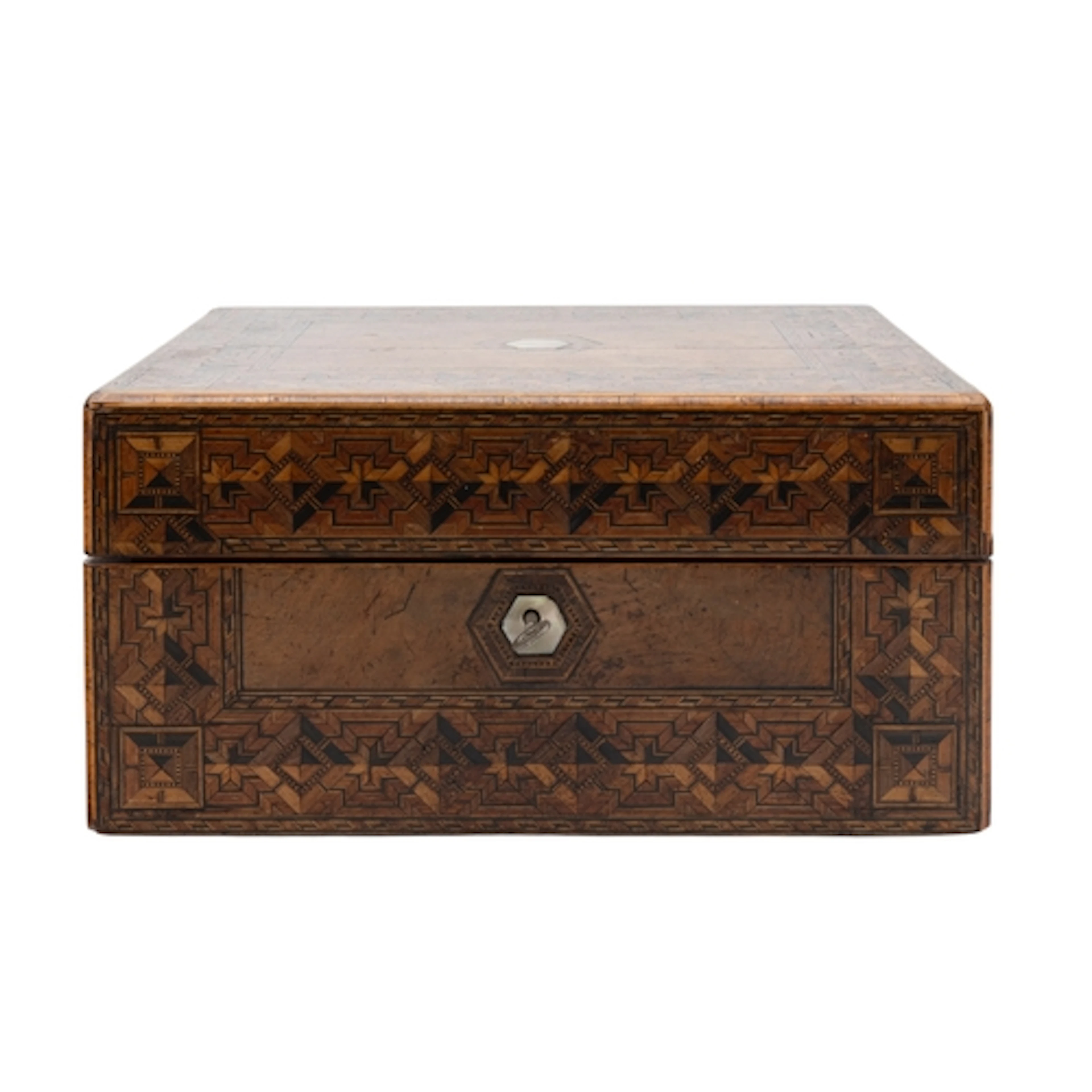 A VICTORIAN BURR WALNUT AND PARQUETRY SEWING BOX Circa 1890 ...