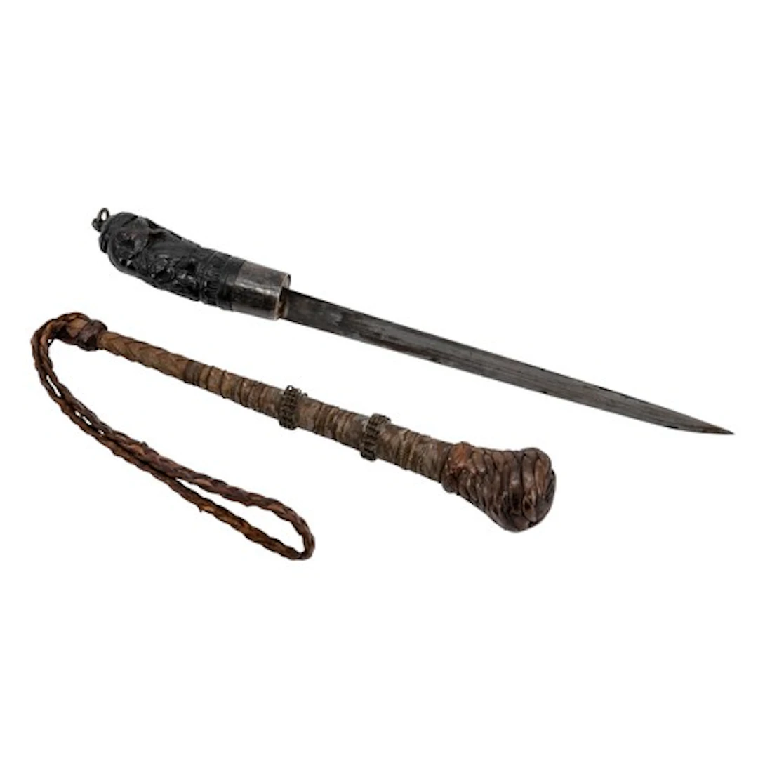 AN INDONESIAN PARANG SHORT SWORD AND 19TH CENTURY FISHING 'P...