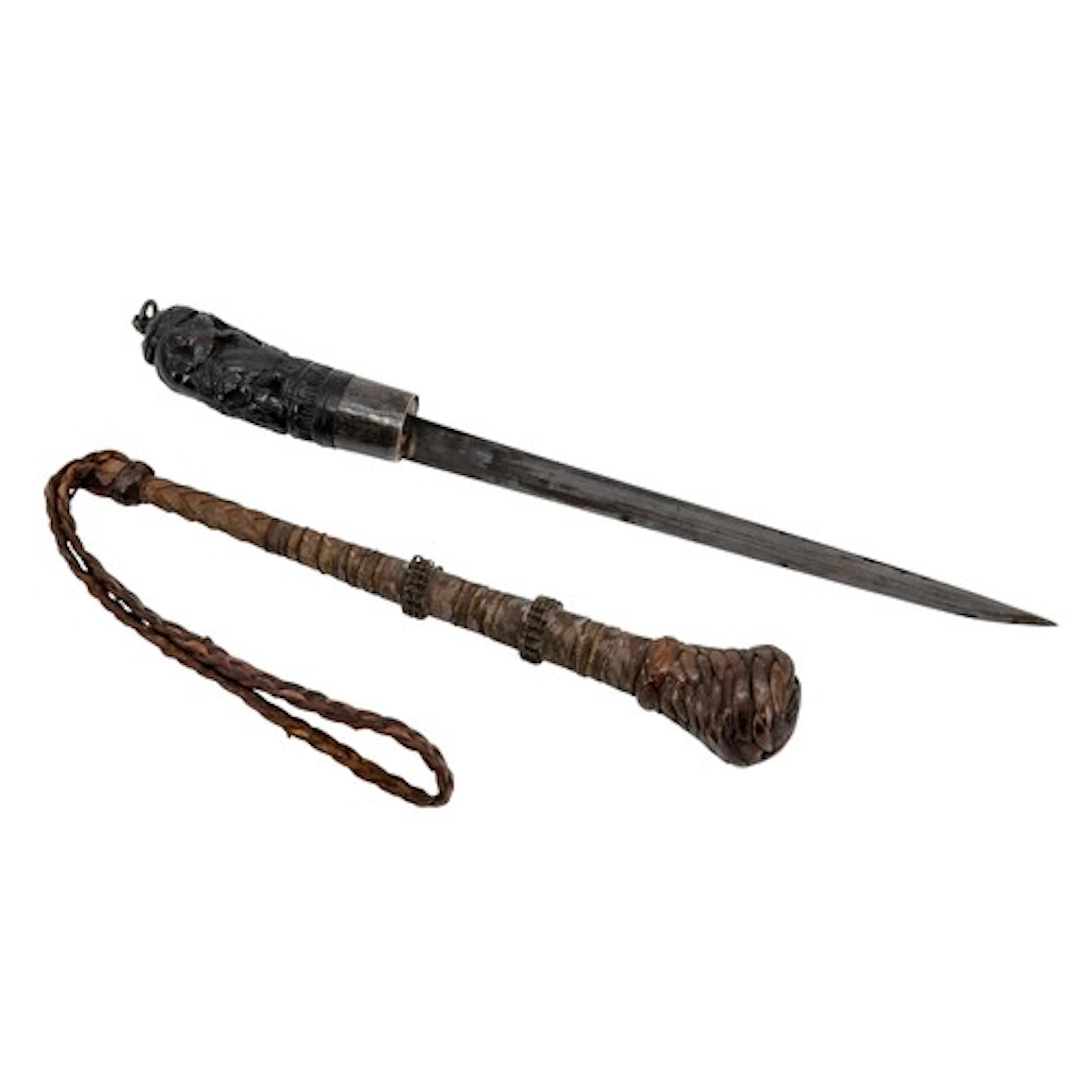 AN INDONESIAN PARANG SHORT SWORD AND 19TH CENTURY FISHING 'P...