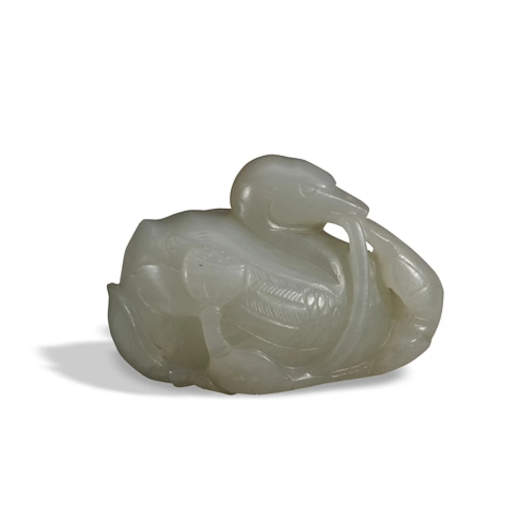 A FINE WHITE-CELADON JADE CARVING OF A DUCK QIANLONG PERIOD ...