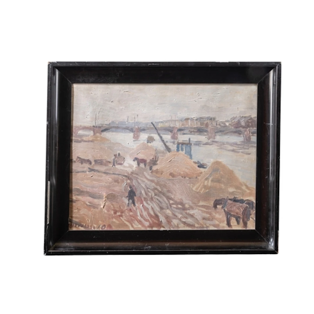 LANDSCAPE OIL ON CANVAS depicting a bridge scene, possibly P...