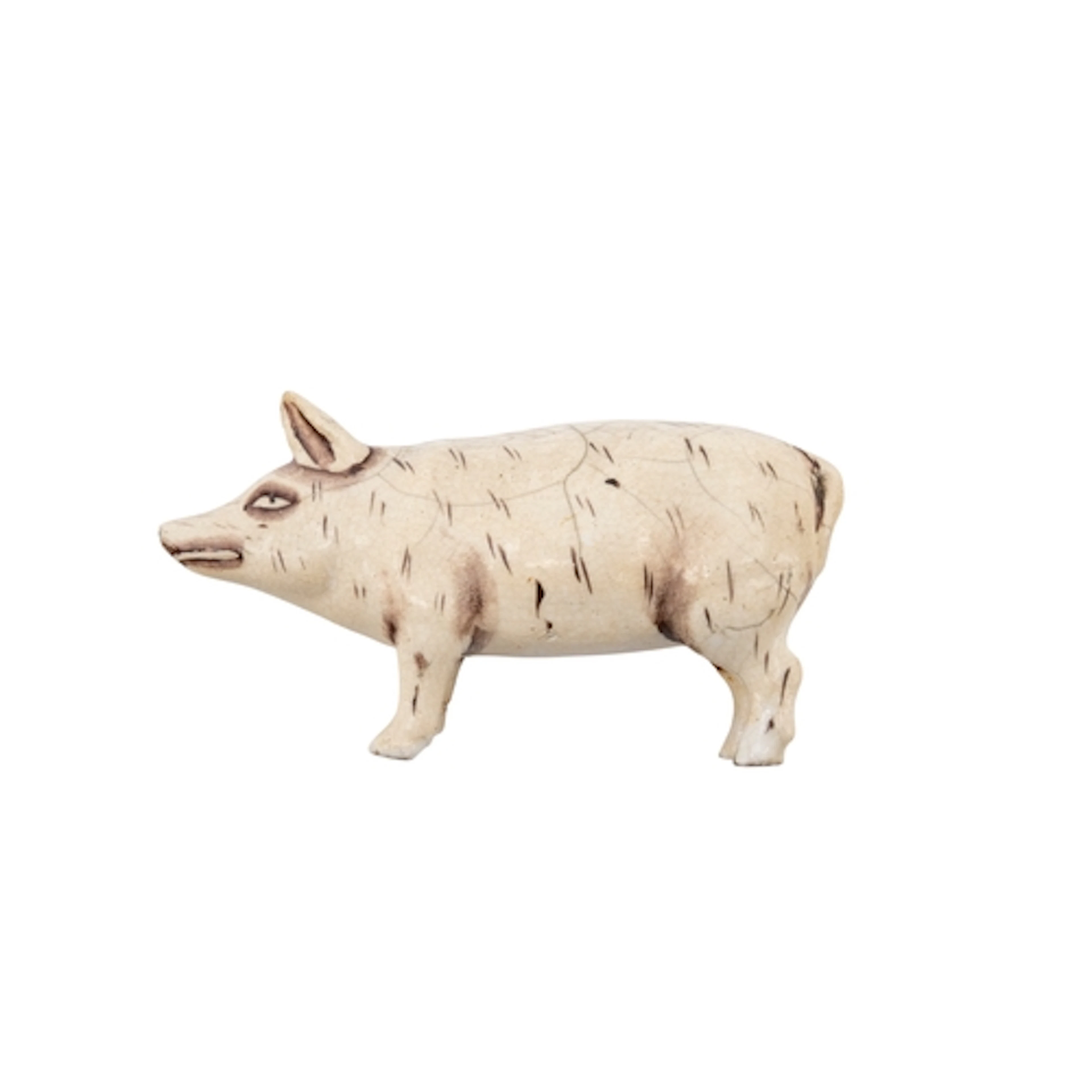 AN UNUSUAL PAINTED POTTERY FIGURE OF A PIG EARLY 19TH CENTUR...