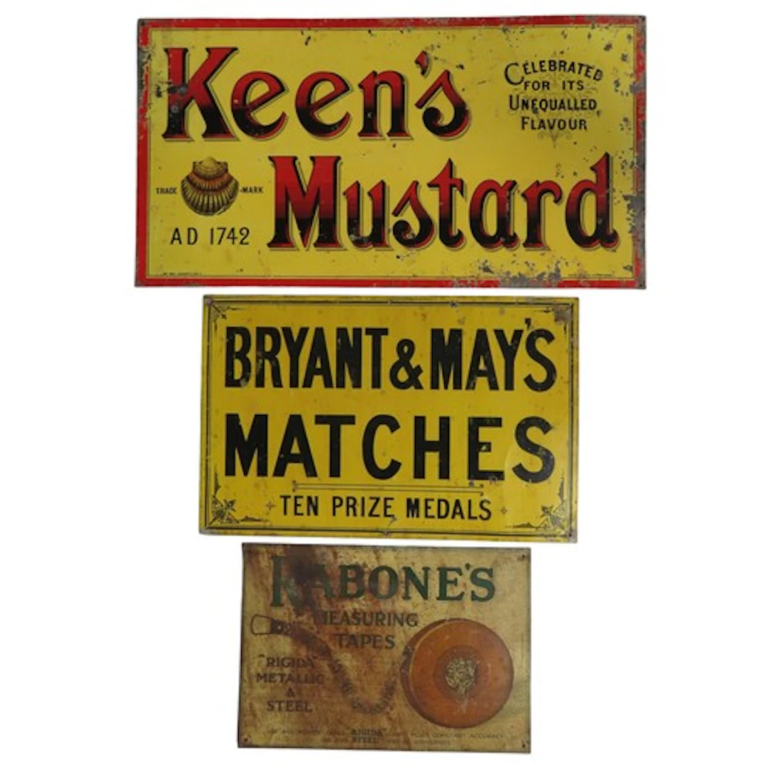 THREE VINTAGE TIN ADVERTISING SIGNS for Keen's Mustard (31.5...