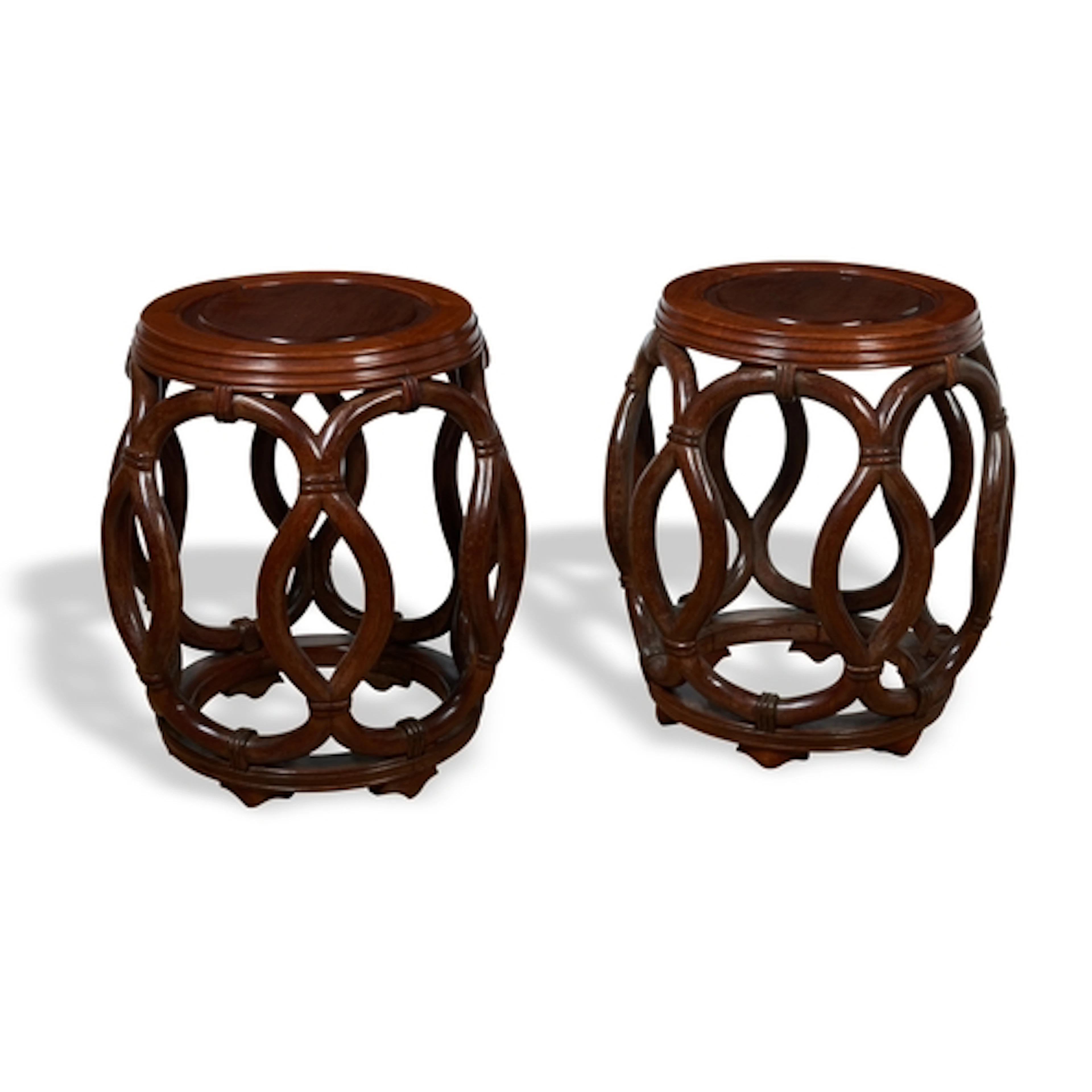 A PAIR OF CHINESE HARDWOOD DRUM STOOLS 20TH CENTURY the ope...