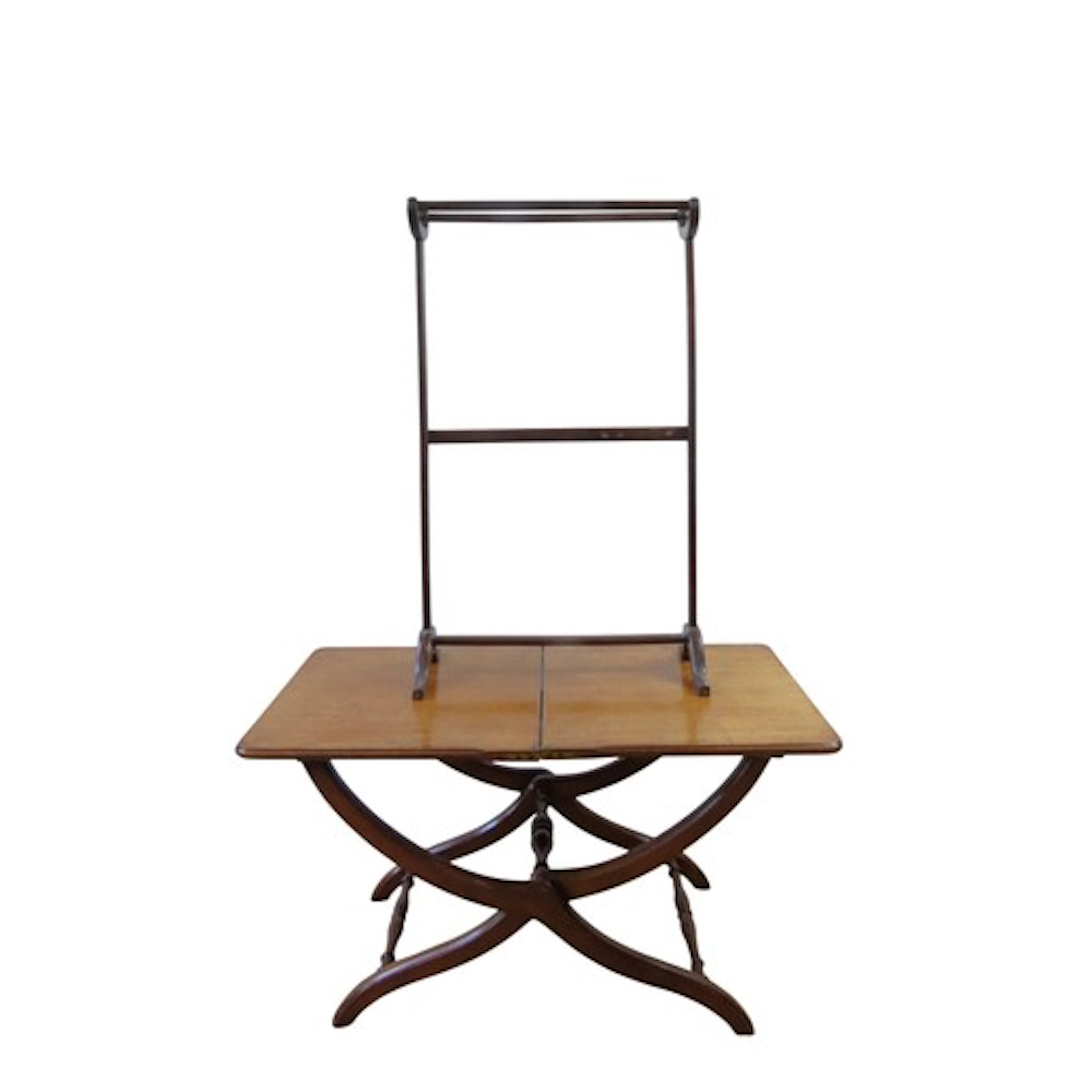 A MAHOGANY COACHING TABLE AND MAHOGANY TOWEL RAIL the coachi...
