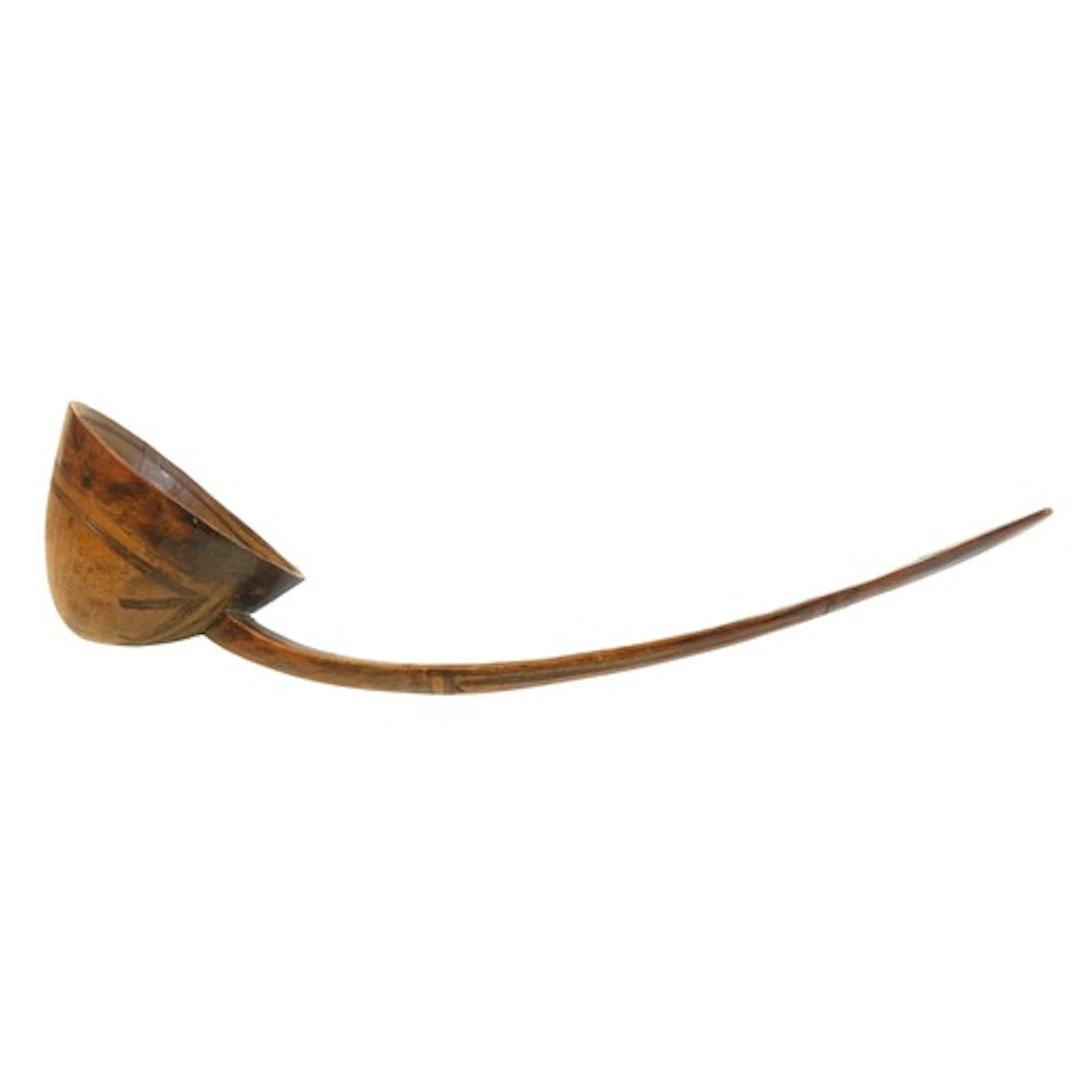 A TUAREG WOODEN LADLE, the conical bowl with curved, flatten...