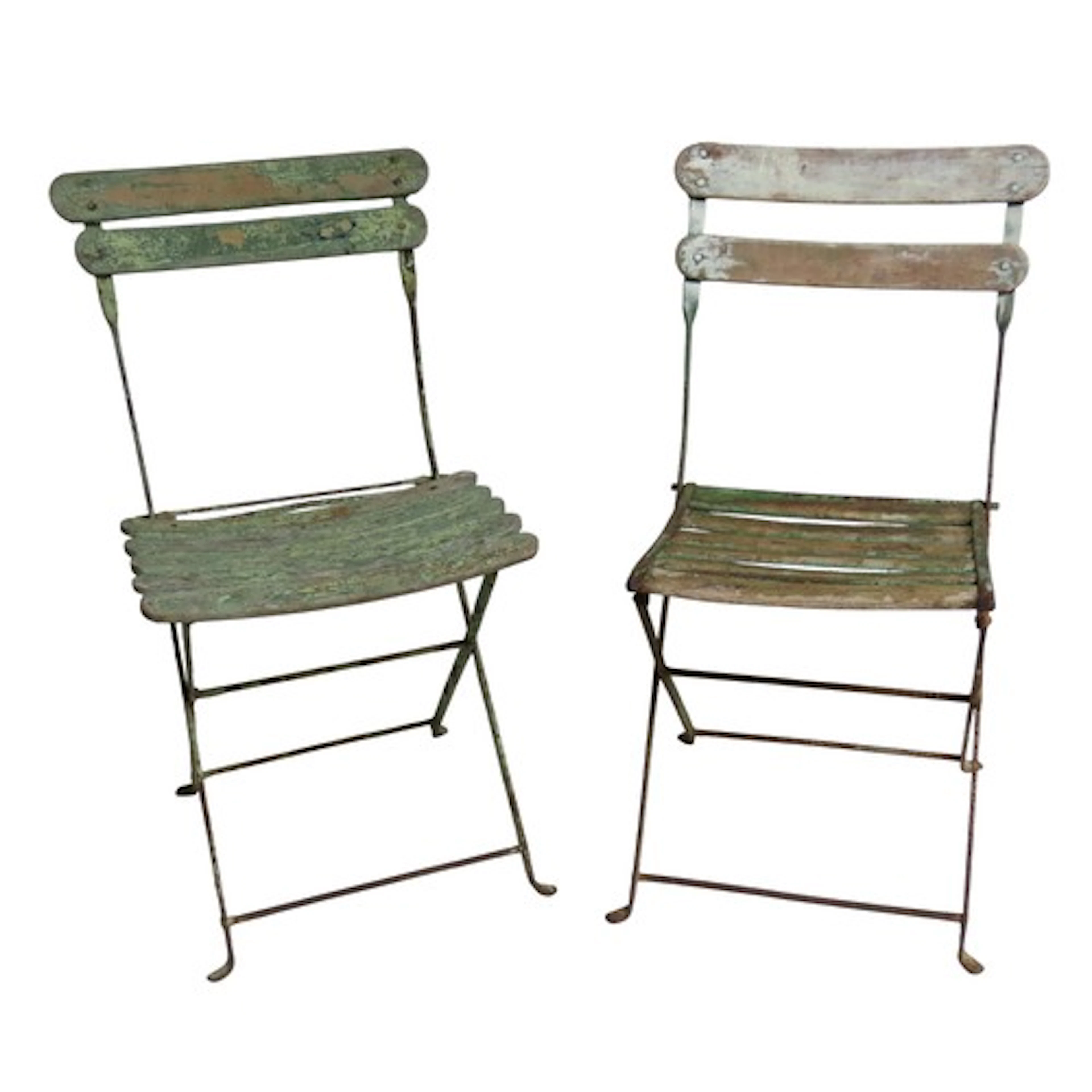 TWO VINTAGE WROUGHT-IRON AND WOODEN SLATTED FOLDING PATIO CH...
