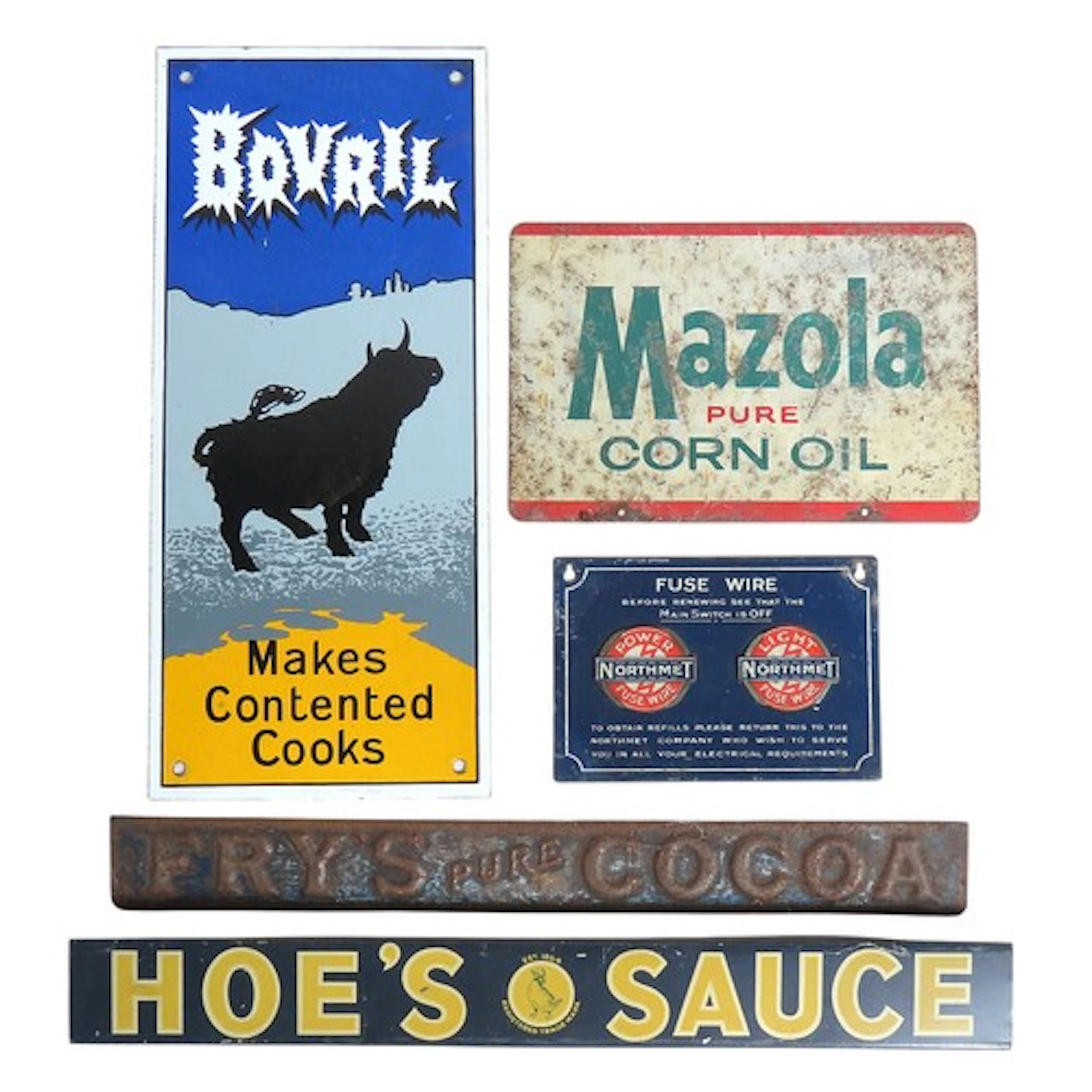A MIXED GROUP OF FIVE VINTAGE ENAMELED AND TIN ADVERTISING S...