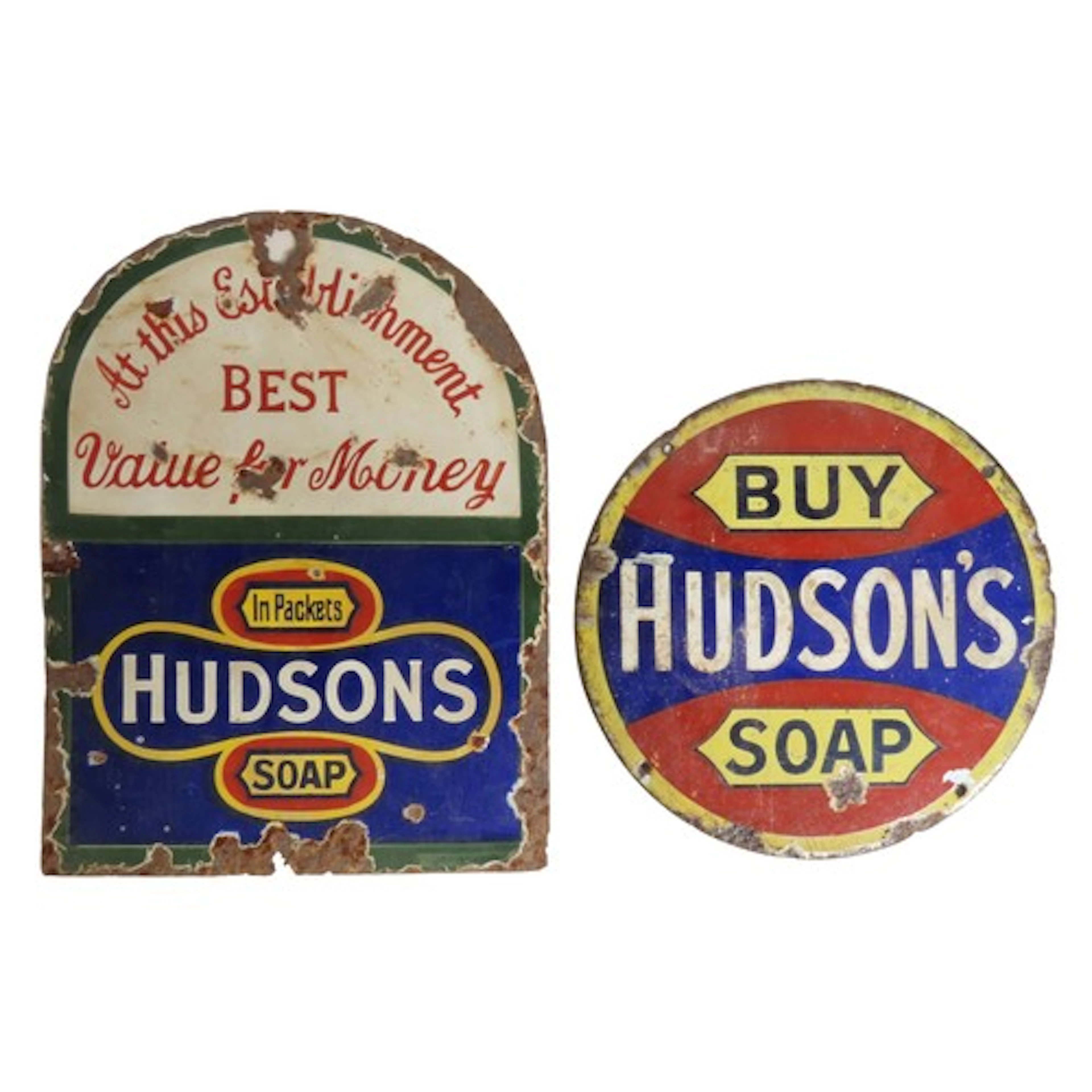 TWO VINTAGE 'HUDSON SOAP' ENAMEL ADVERTISING SIGNS EARLY 20T...