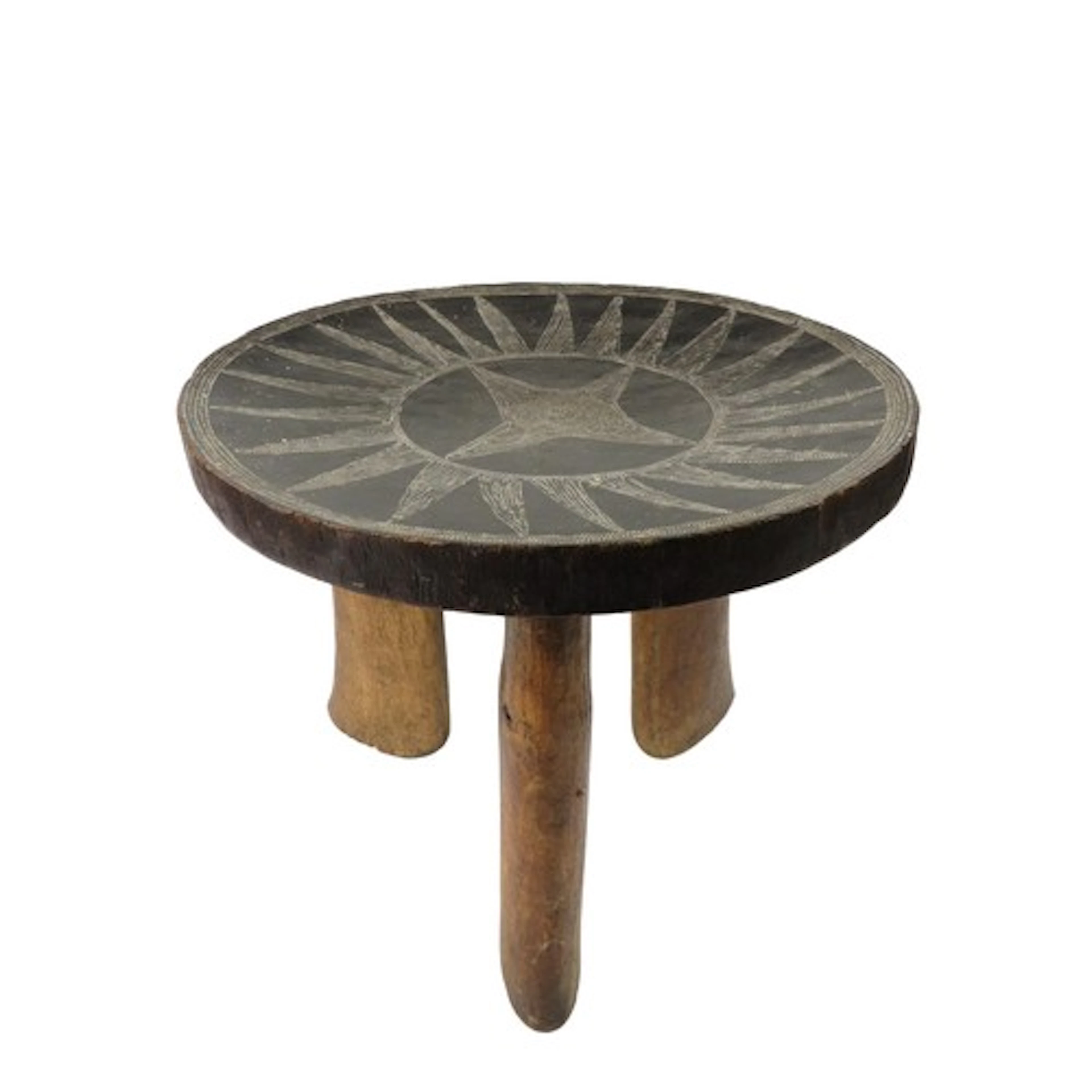 A KAMBA TRIPOD STOOL the circular top with fine coiled wire ...