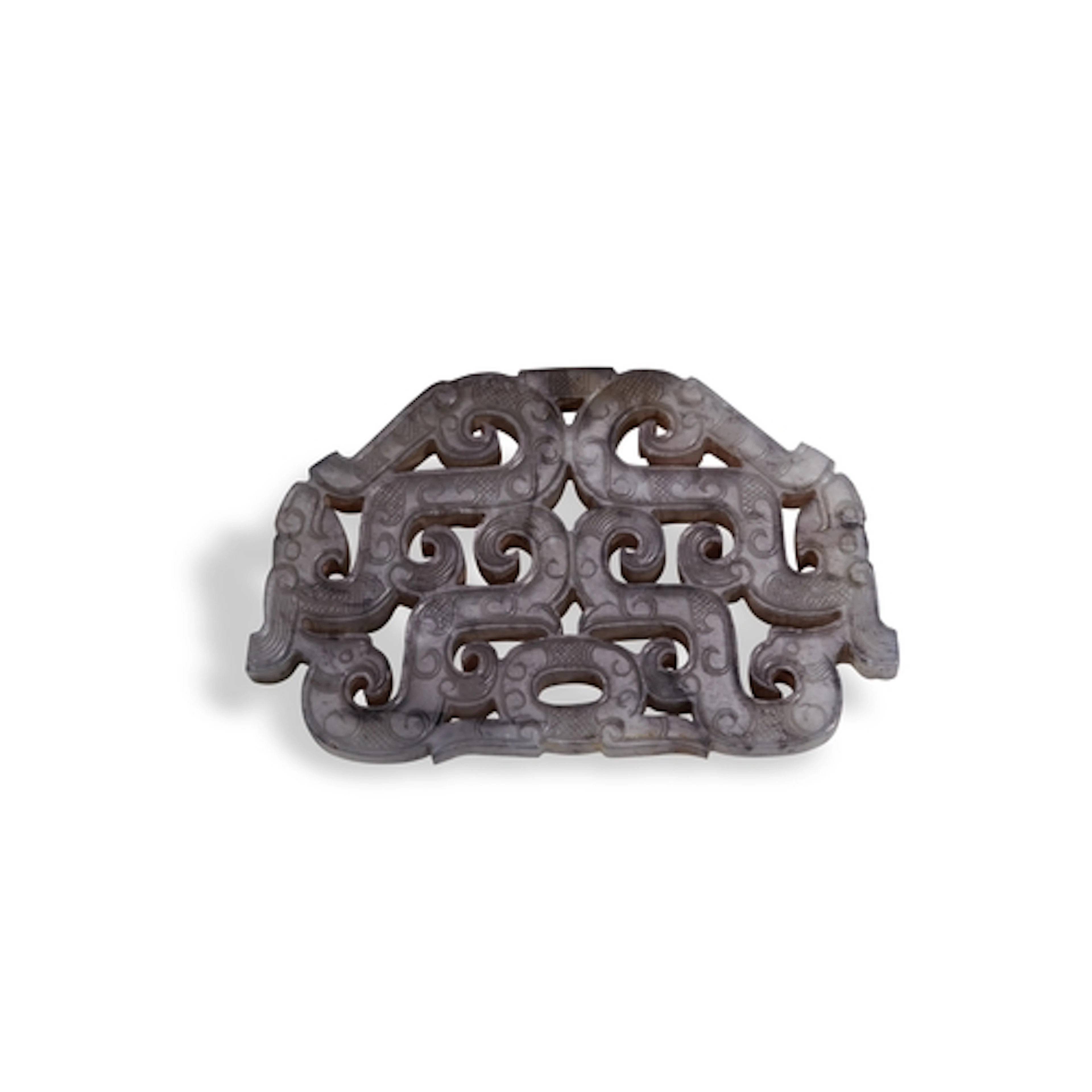 AN ARCHAISTIC JADE DRAGON PENDANT,20TH CENTURY 灰玉螭龙纹牌 二十世纪 T...