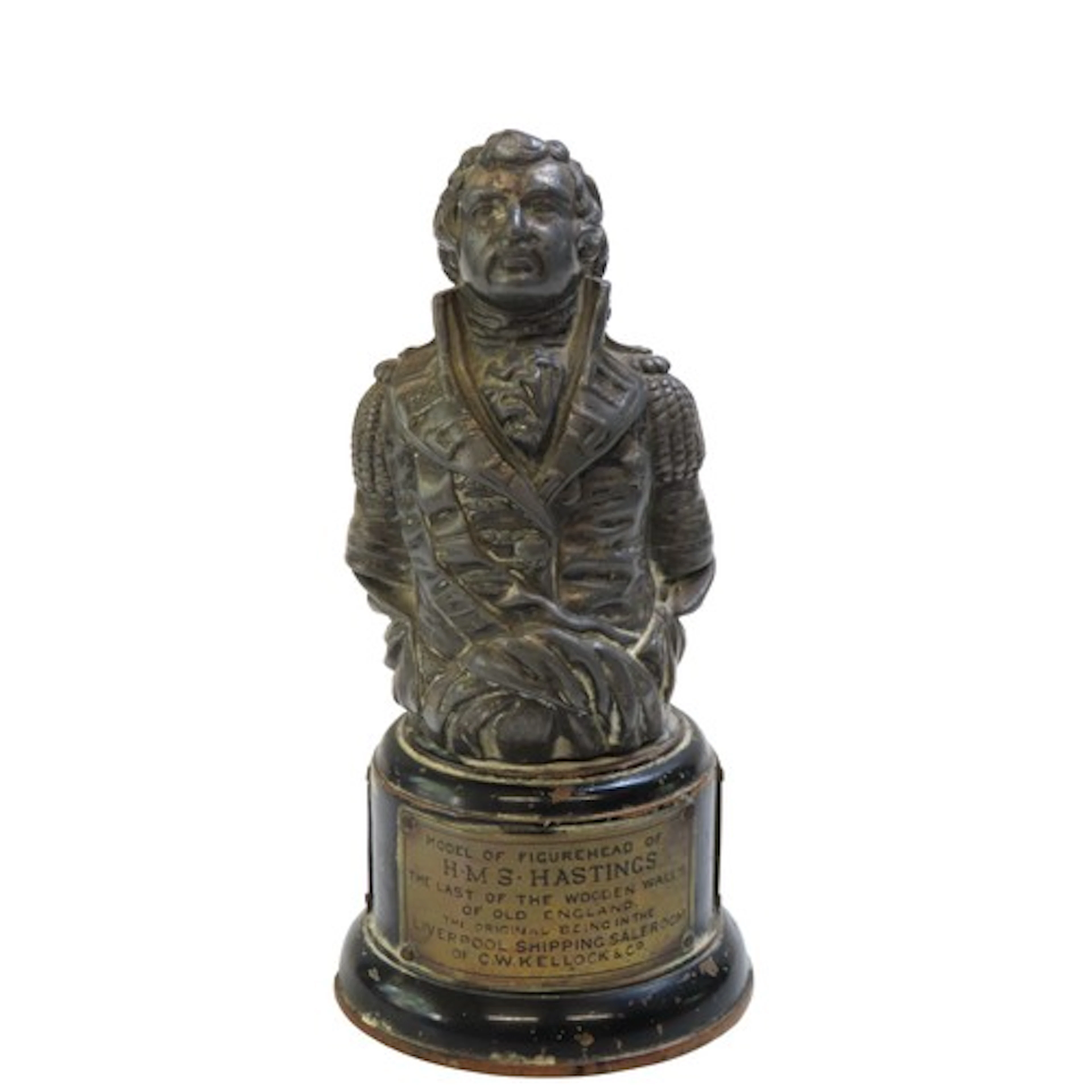 A COMMEMORATIVE FIGURE HEAD FOR H.M.S HASTINGS EARLY 20TH CE...