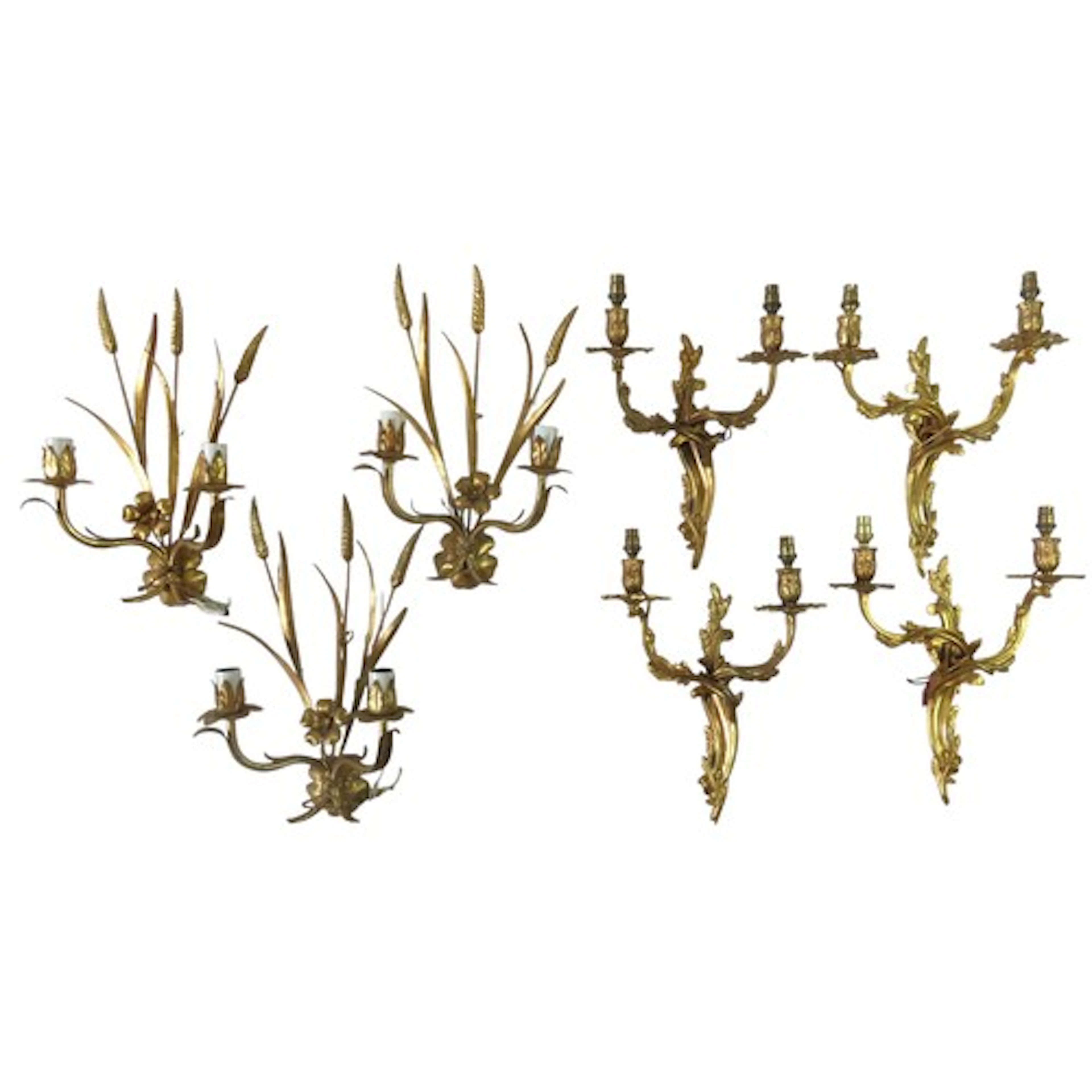 A SET OF FOUR VINTAGE FRENCH ORMOLU DUAL LIGHT WALL SCONCES ...