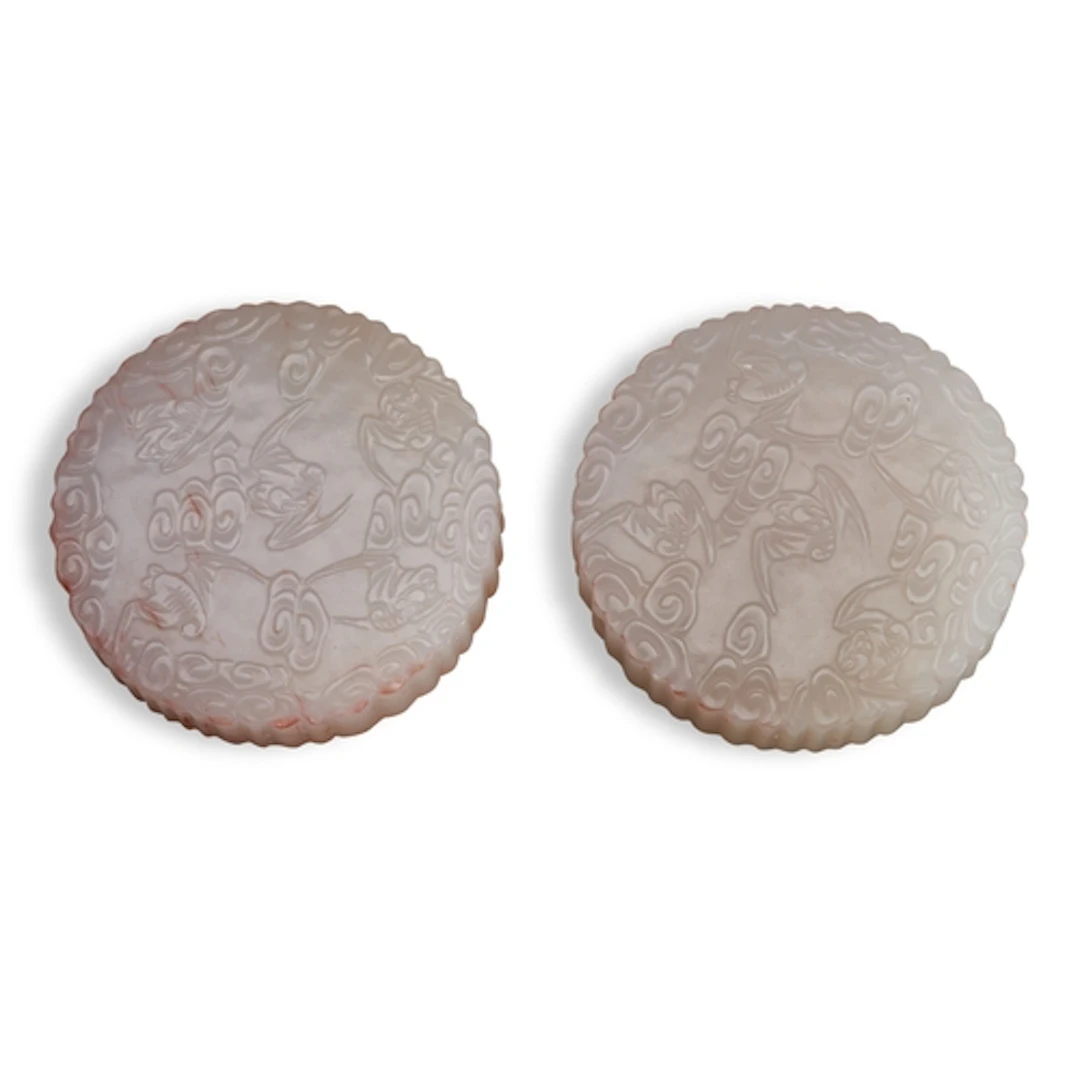 A PAIR OF JADE PAPERWEIGHTS CARVED WITH BATS AND AUSPICIOUS ...