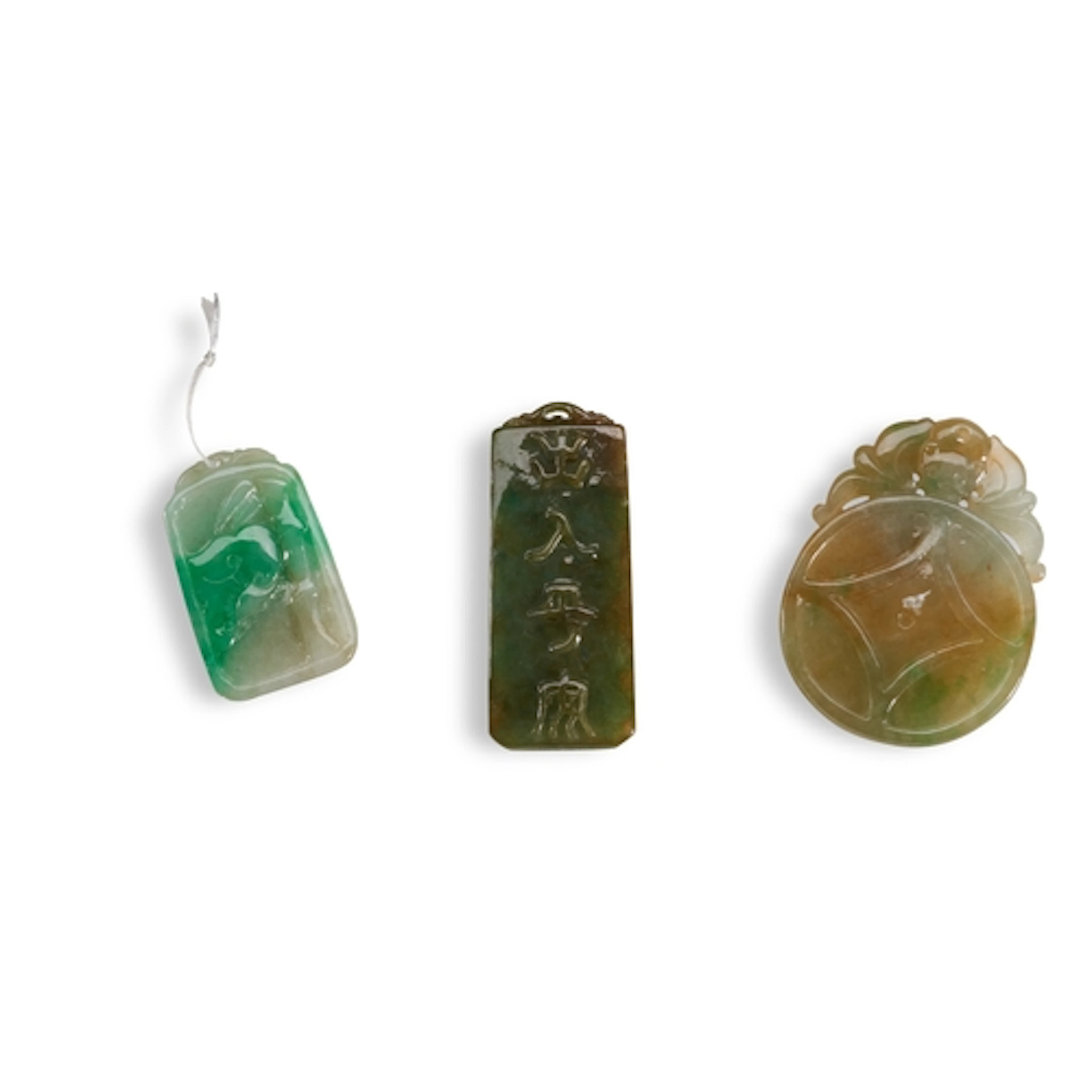 A GROUP OF THREE JADEITE PENDANTS, 20TH CENTURY 翡翠吊坠一组 二十世纪 ...