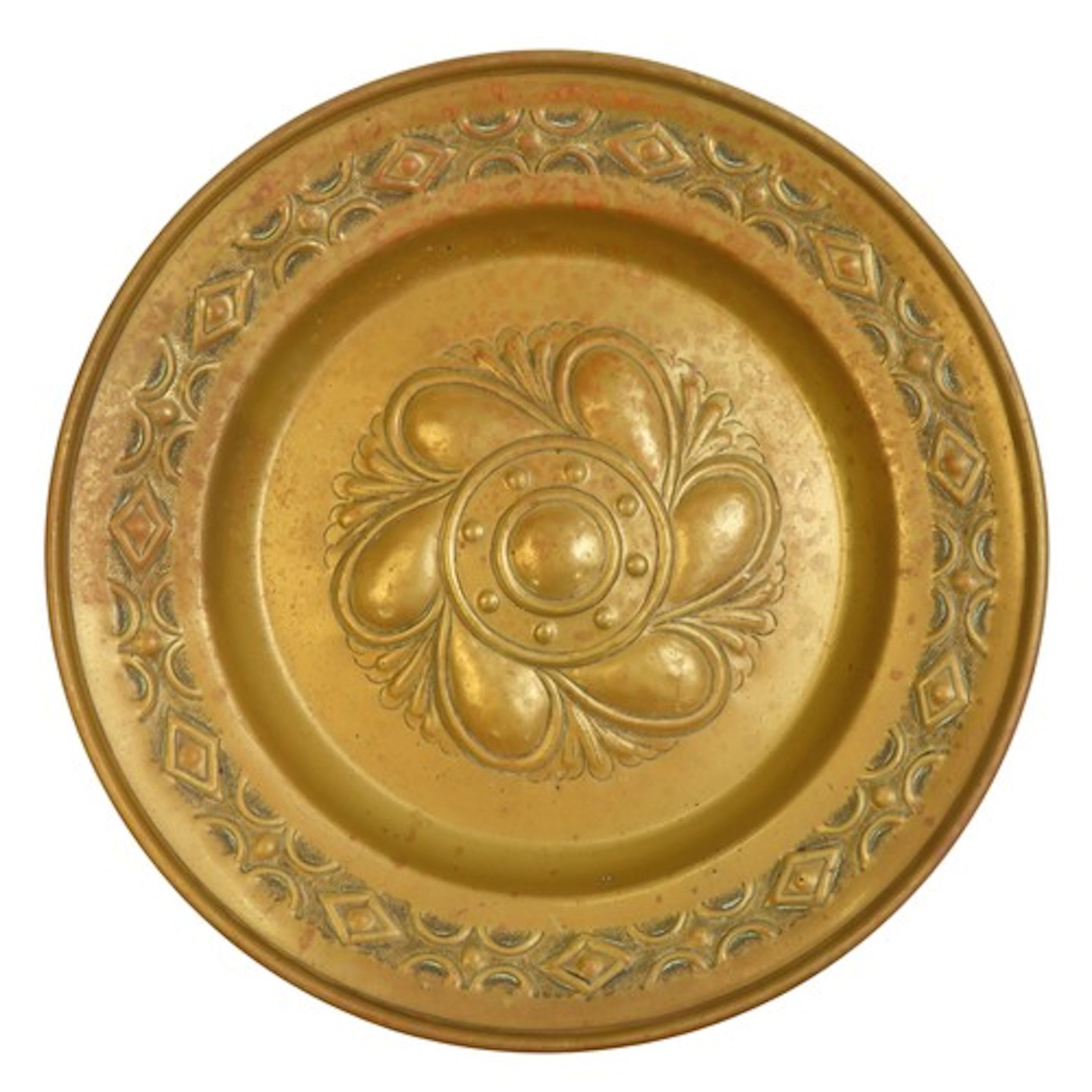 A BRASS REPOUSSE AND PUNCH DECORATED BRASS ALMS DISH with di...