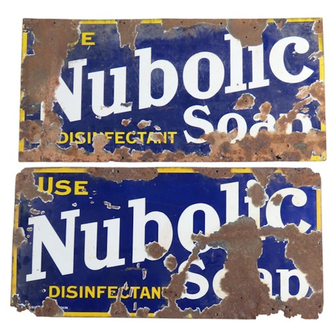 TWO 'NUBOLIC SOAP' ENAMELED ADVERTISING SIGNS EARLY 20TH CEN...