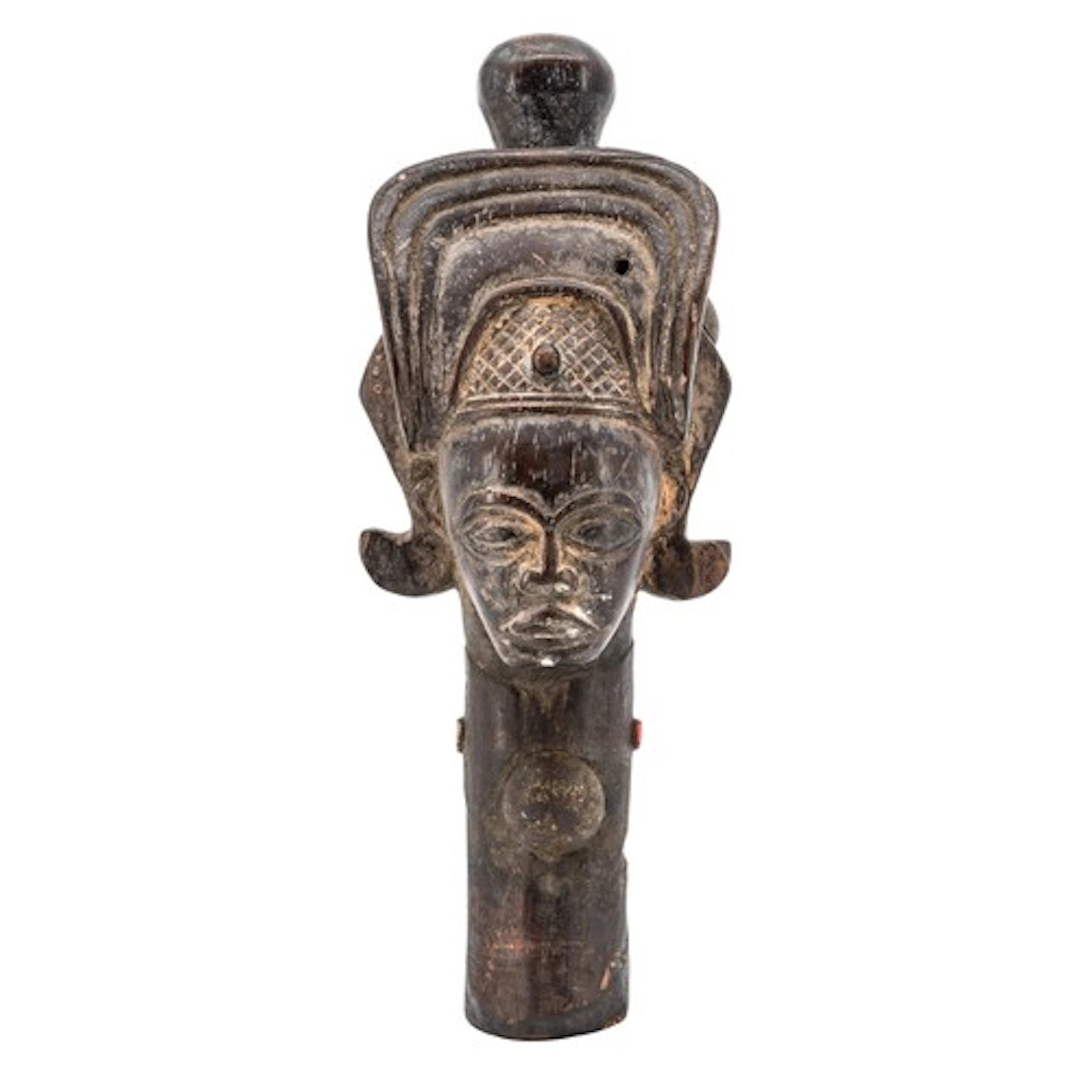 A CHOKWE CARVED WOODEN HEAD, possibly a staff top, finely ca...