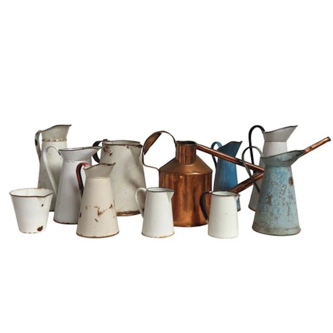 A MIXED GROUP OF NINE VINTAGE FRENCH ENAMELED JUGS, A MEASUR...