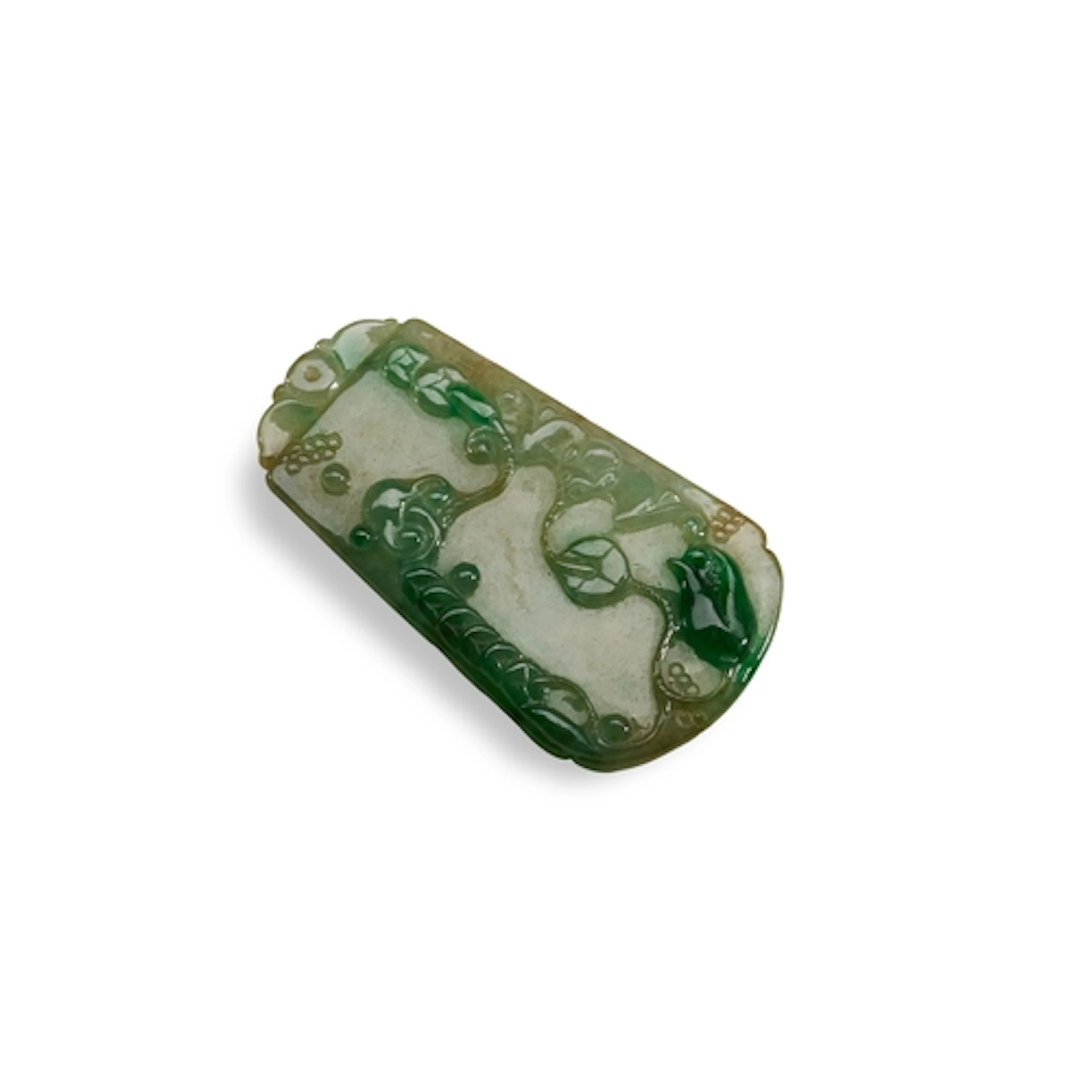 A JADEITE PENDANT WITH BATS AND COINS, 20TH CENTURY 翡翠玉牌 二十世...