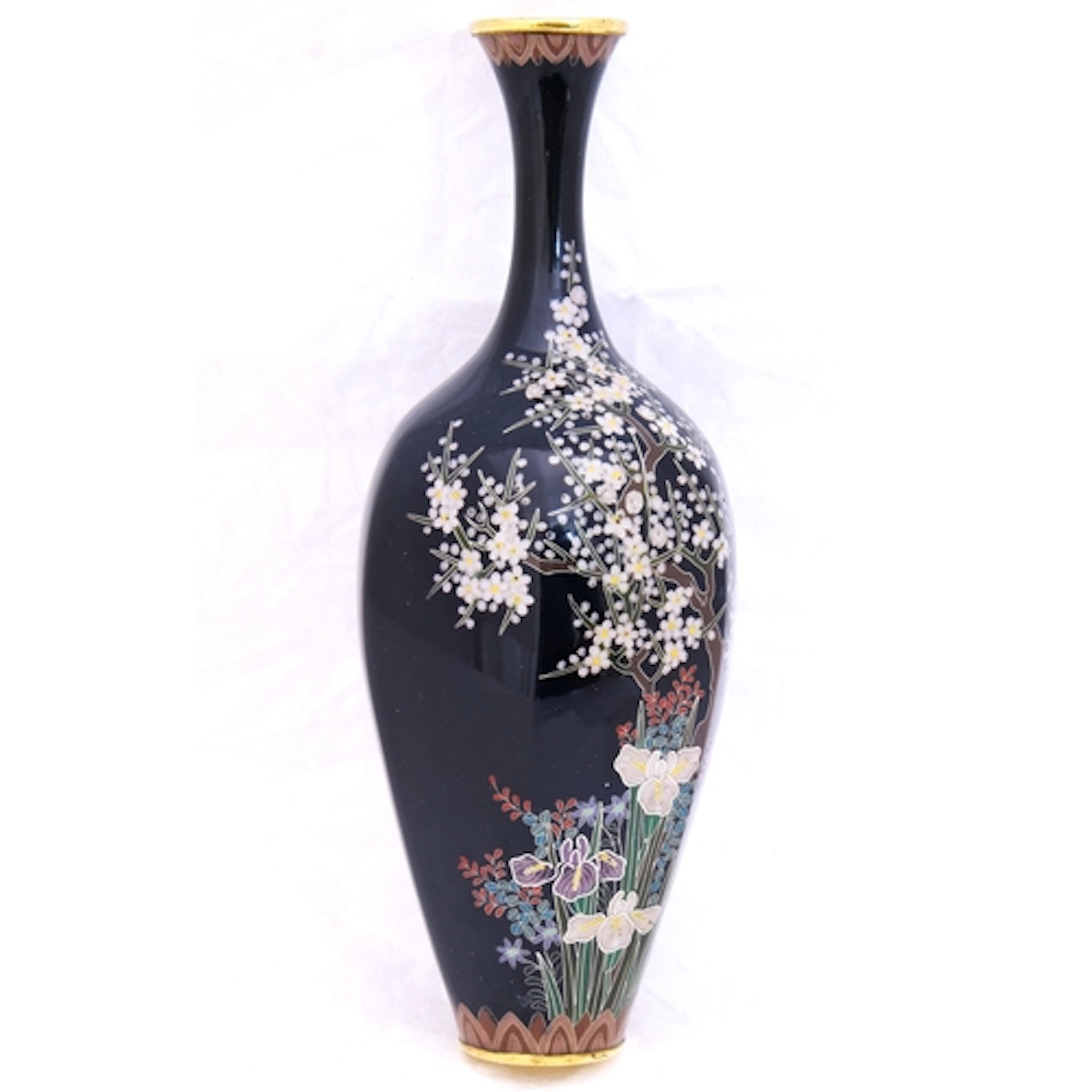 A JAPANESE CLOISONNE BLUE IRIS-CHERRY BLOSOM VASE BY OTA KI...